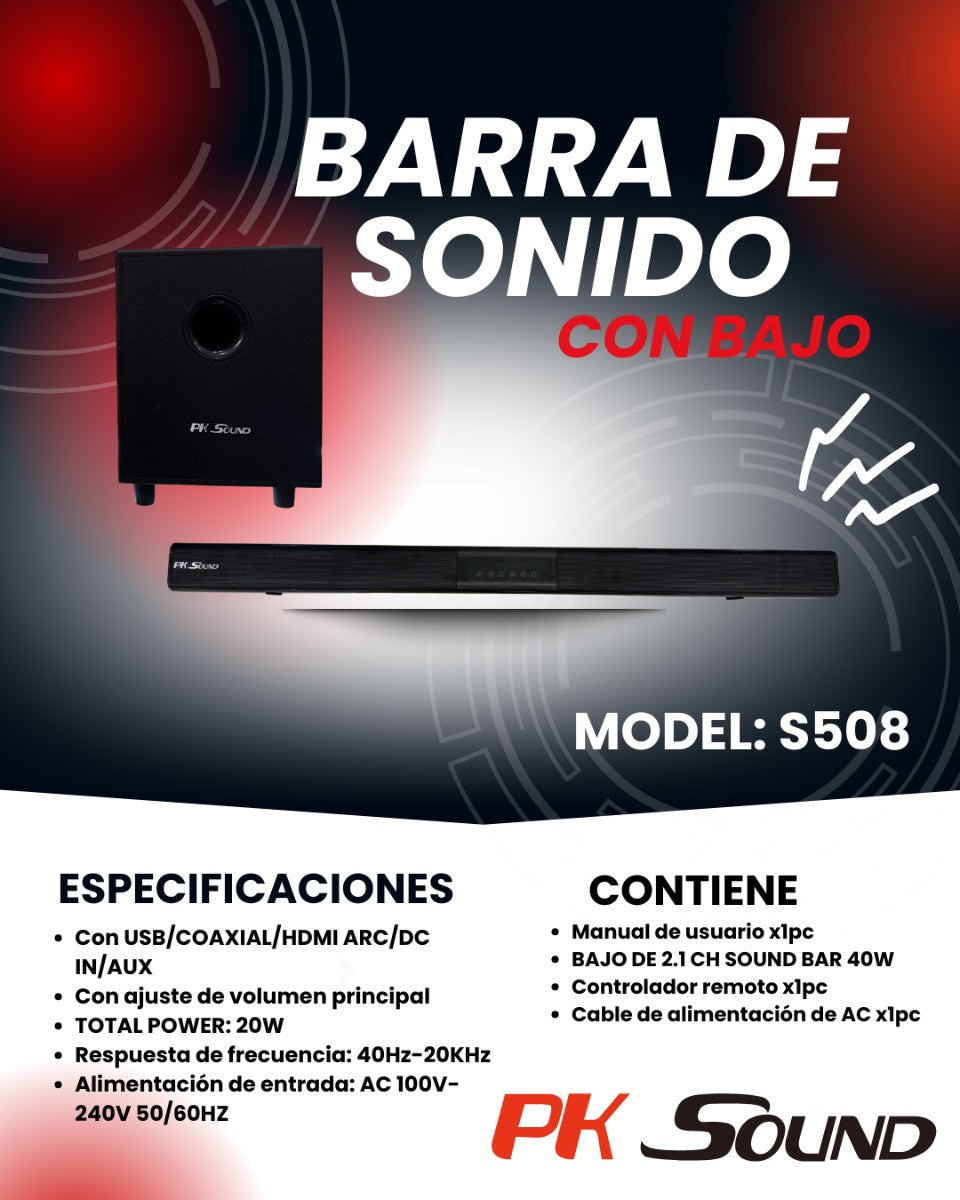 Barra de Sonido PK Sound S508 🔊 Sonido Potente 2.1 con Subwoofer Inalámbrico
