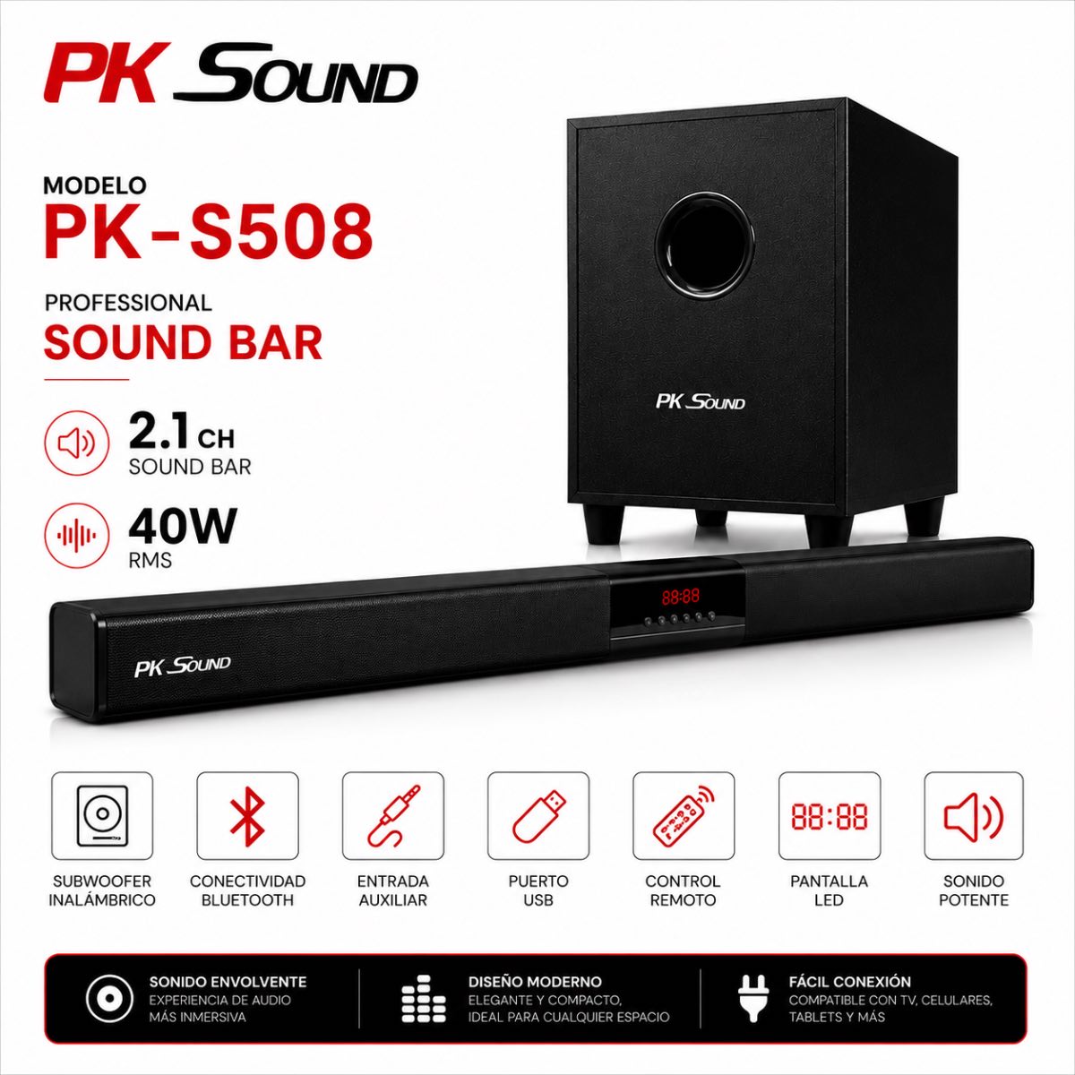 Barra de Sonido PK Sound S508 🔊 Sonido Potente 2.1 con Subwoofer Inalámbrico