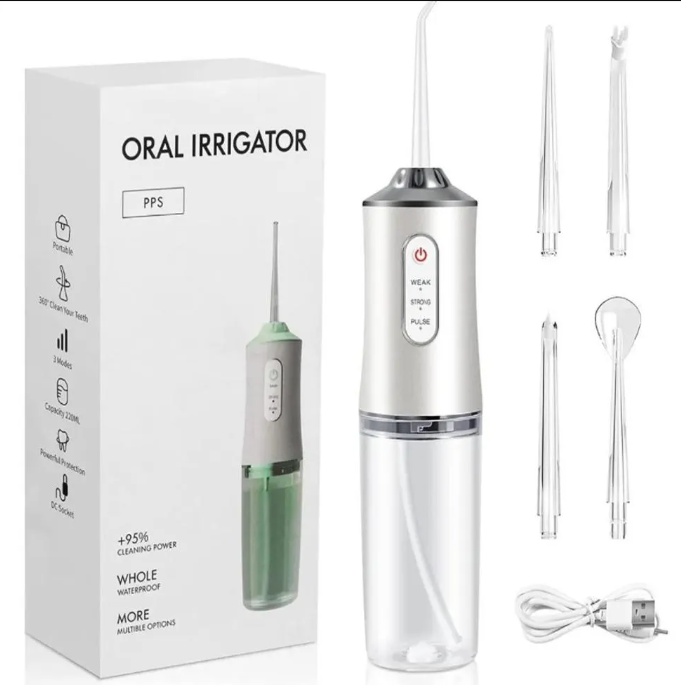 Irrigador Oral Dental Portátil Recargable USB 4 Boquillas Limpieza Profunda Encías y Dientes