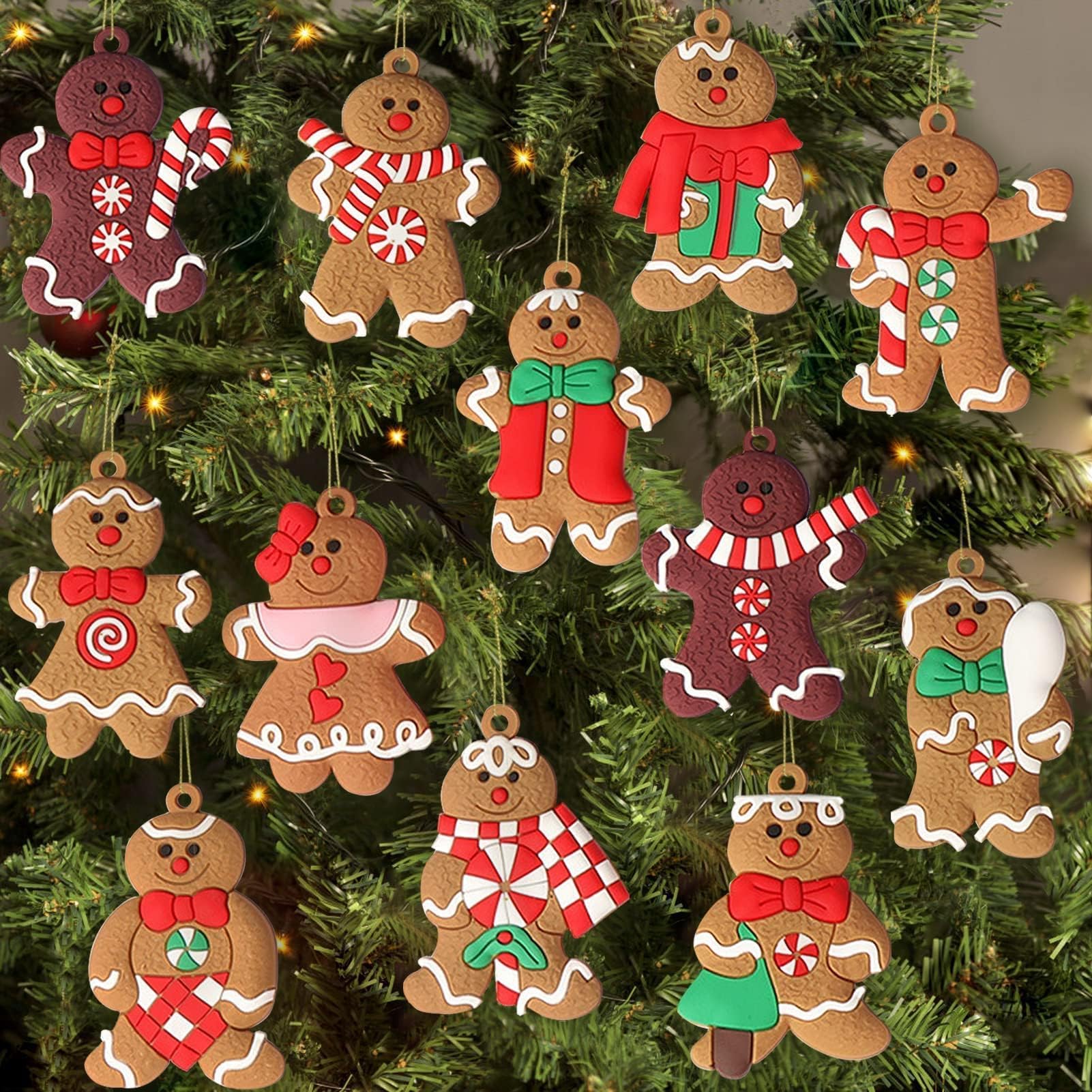 12 adornos de hombre de jengibre para árbol de Navidad, figuras de pan de jengibre surtidas, decoraciones colgantes para árbol de Navidad, 3 pulgadas de alto