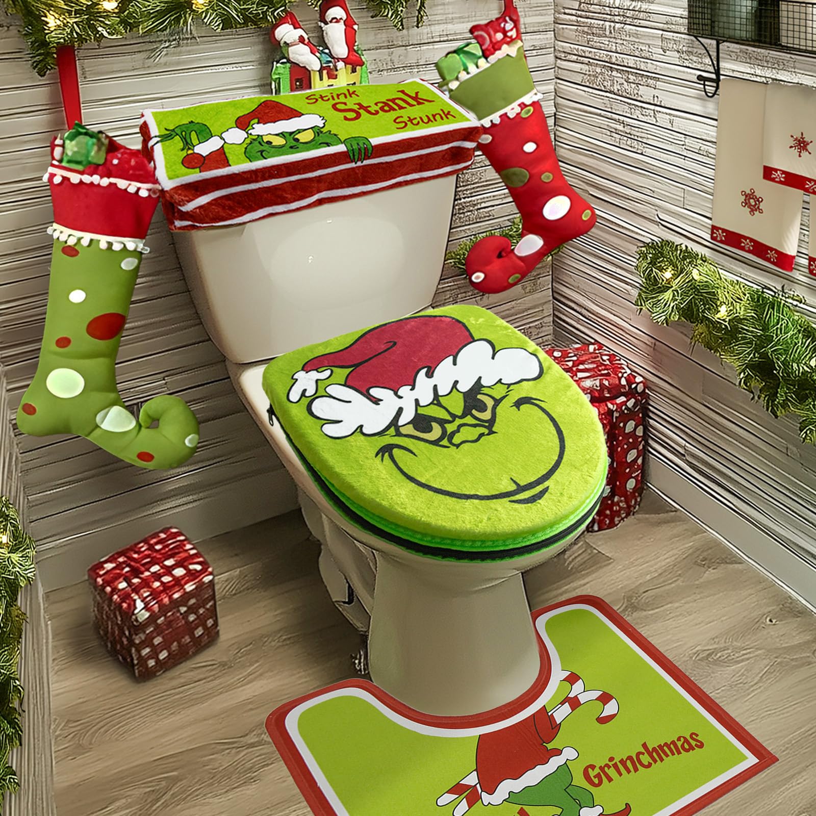 Paquete de 4 decoraciones de baño – Decoración navideña para tapa de inodoro, cubierta de tanque, alfombra en forma de U y almohadilla de asiento para el hogar