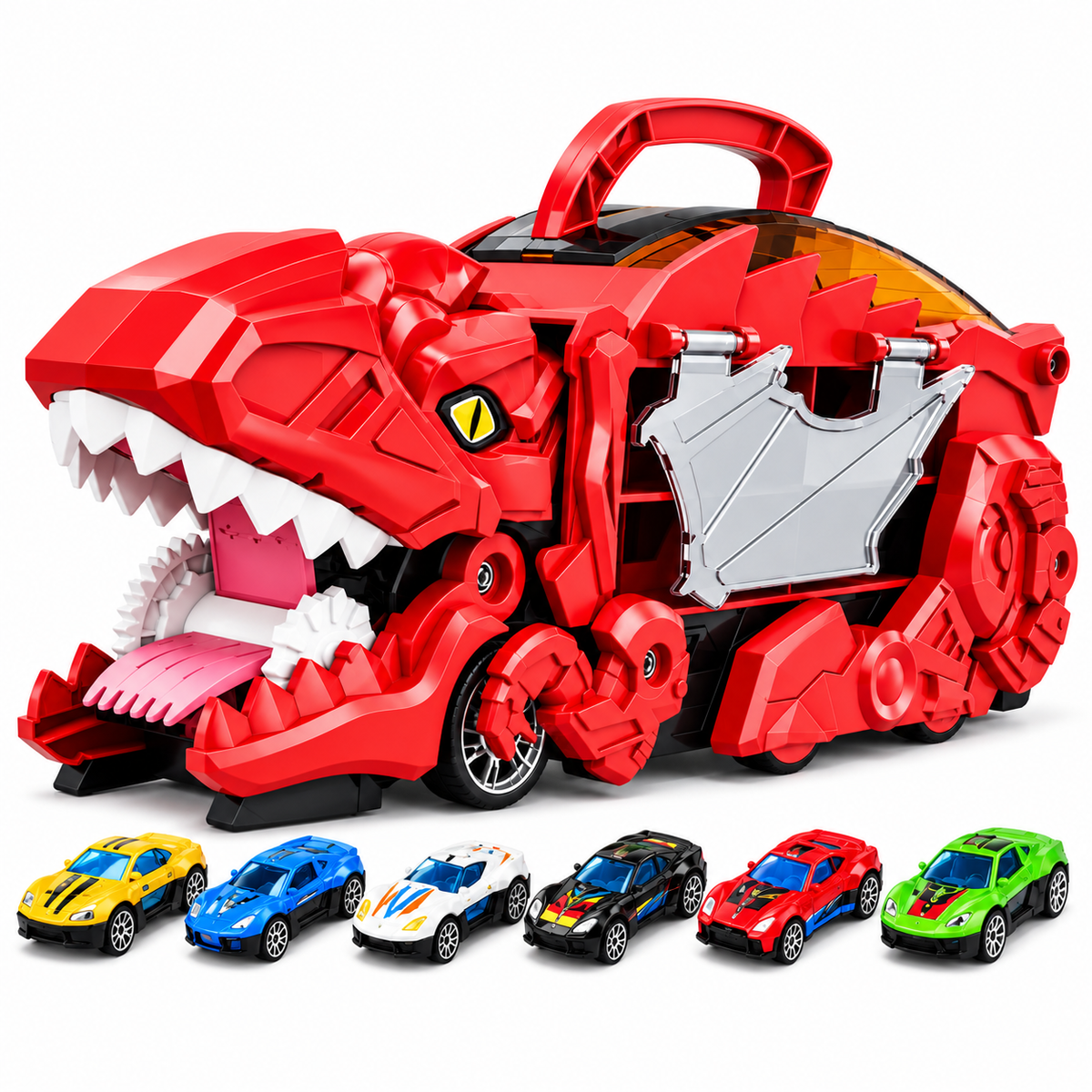Camión Dinosaurio T-Rex con 6 Carritos 🦖 Transportador de Autos con Diseño Transformable