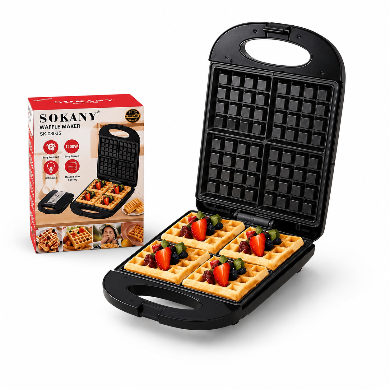 Waflera SOKANY SK-08035 1200W 🧇 Prepara 4 Waffles Dorados y Crujientes en Casa