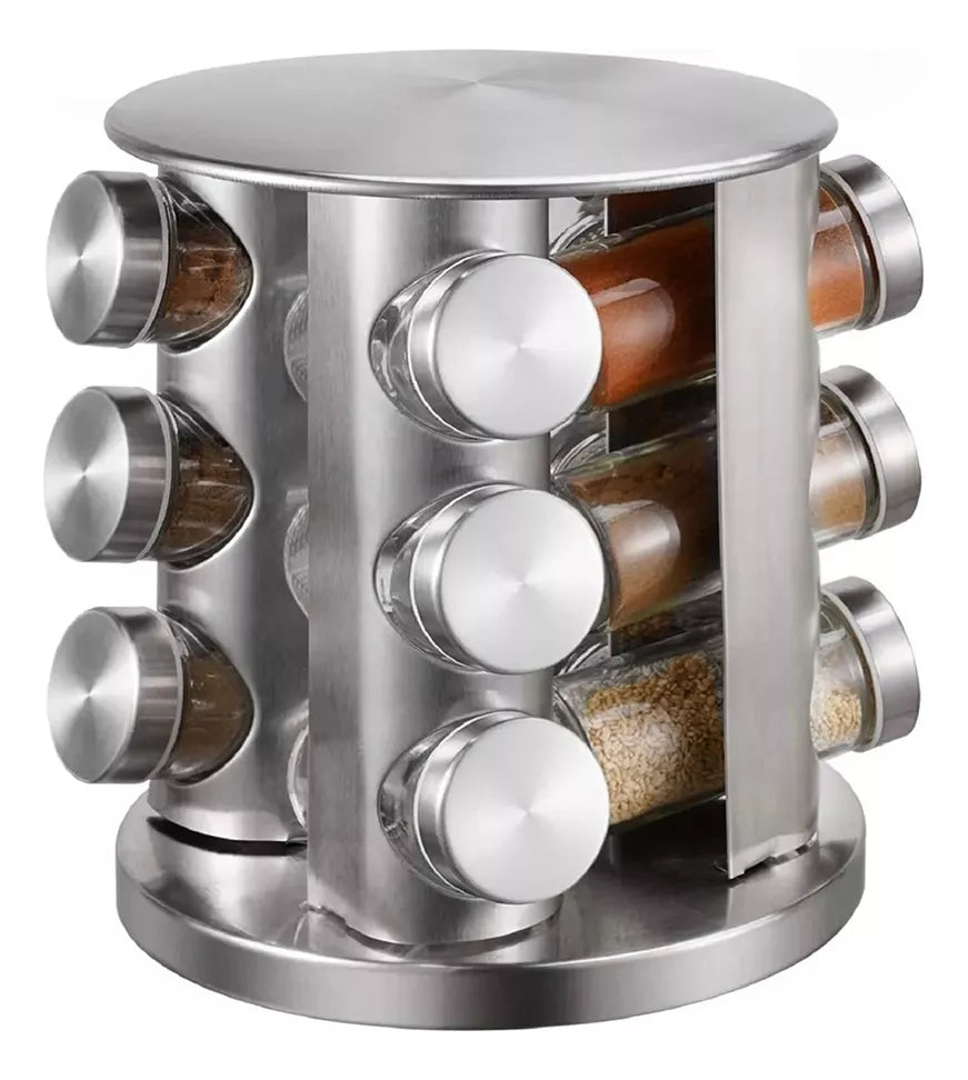 Set Especiero Condimentero En Vidrio X12 Frascos Base Acero Color Plateado