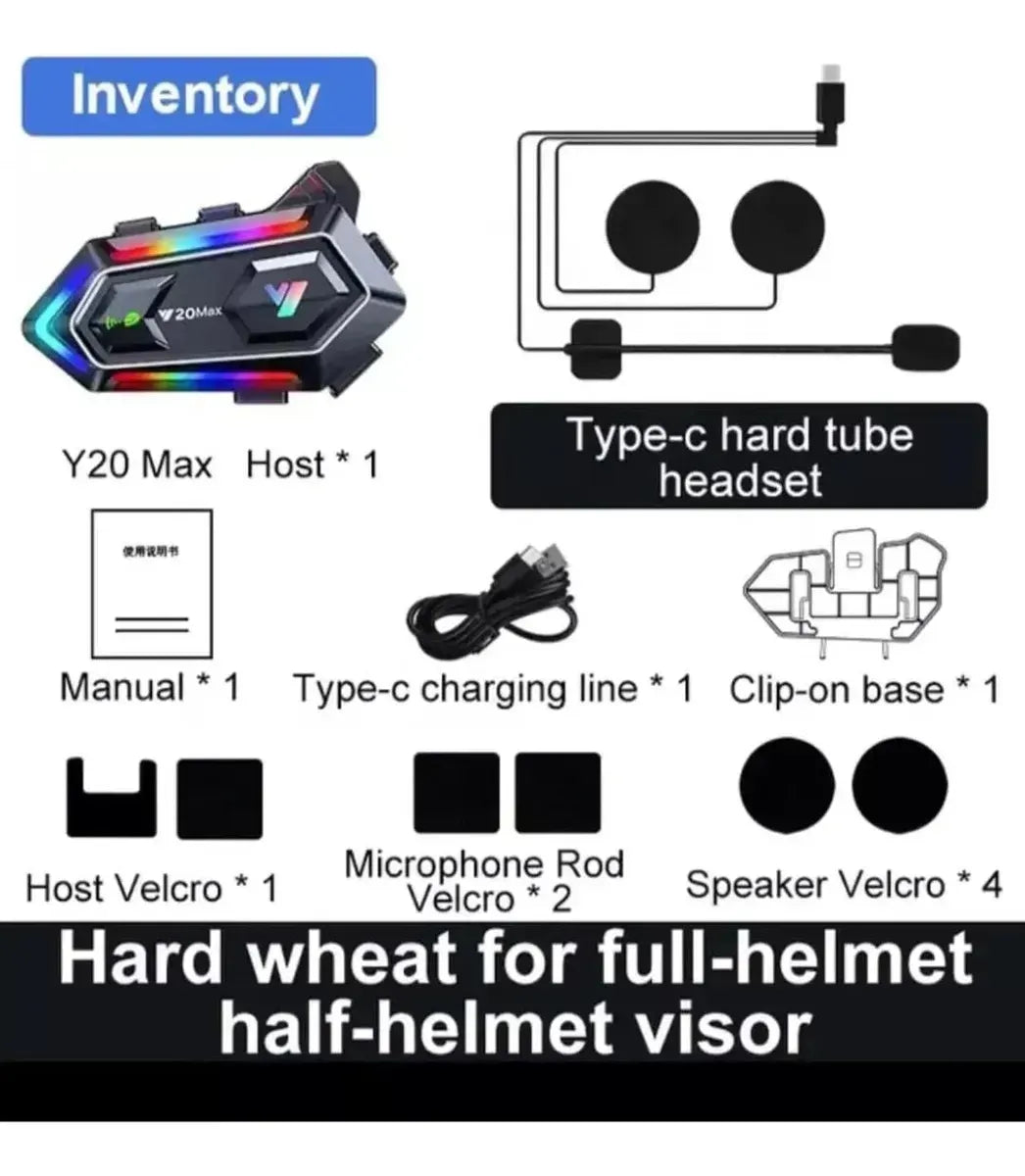Intercomunicador Bluetooth Y20 Max para Casco 🏍 Manos Libres, Impermeable y Luz RGB