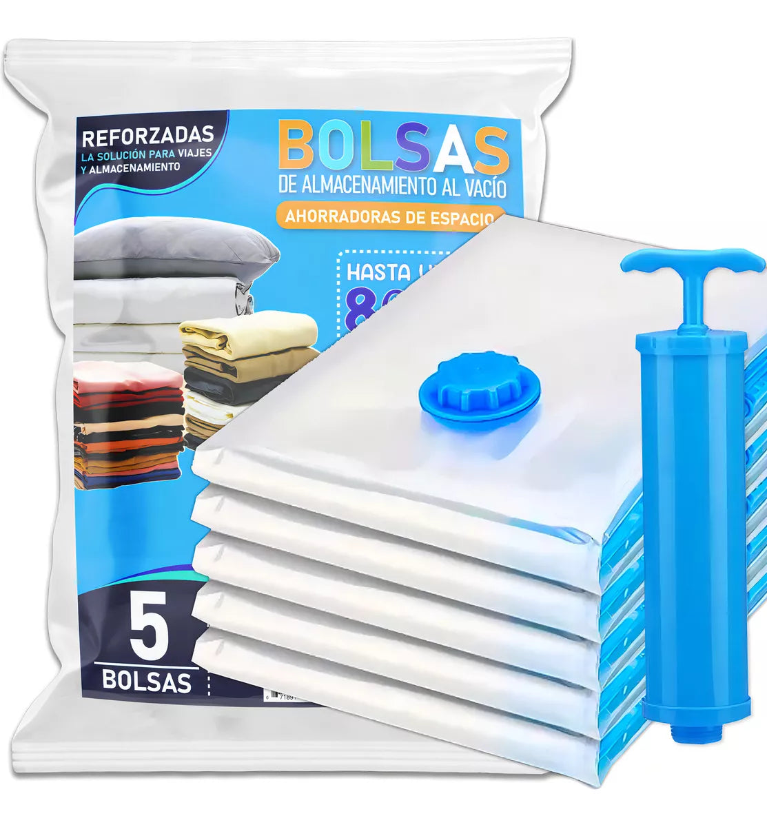 5 Bolsas De Empaque Al Vacío 70x50 + Bomba Ahorrador Espacio Lilito Hug Saver