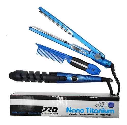 Combo Nano Titanium 3 en 1 💇♀️ Plancha + Rizador + Peine Profesional