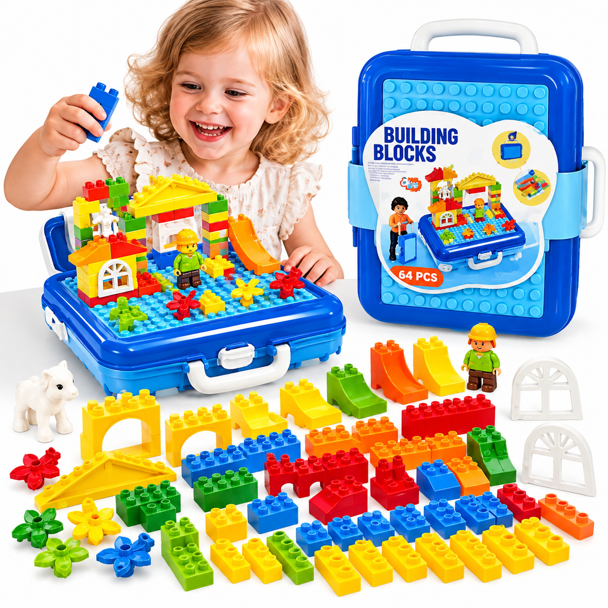 Bloques de Construcción Infantil 64 Piezas Azul🧩 Maletín Didáctico para Armar y Jugar