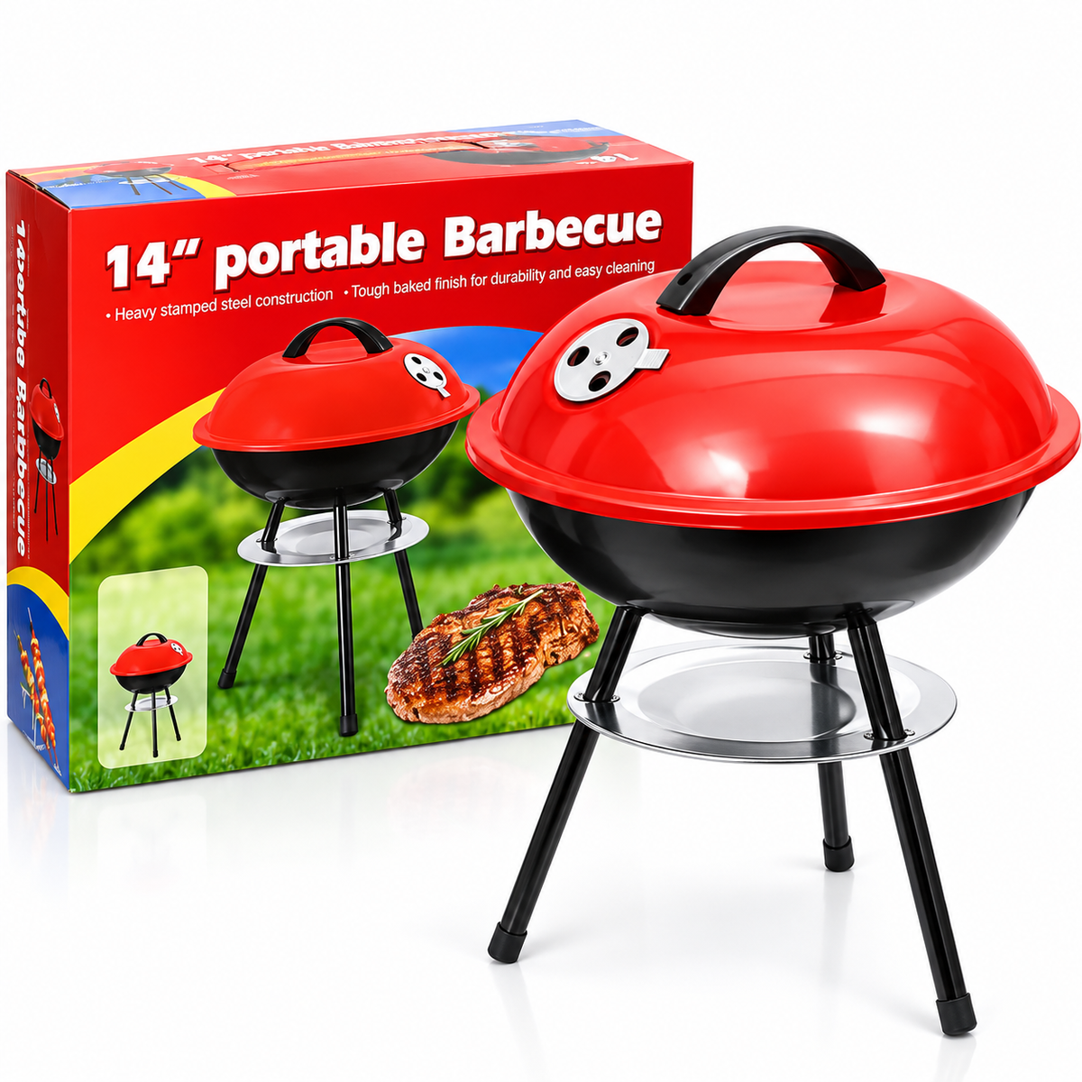 Asador de Carbón Portátil 14 Pulgadas 🔥 Parrilla BBQ con Tapa para Asados y Camping