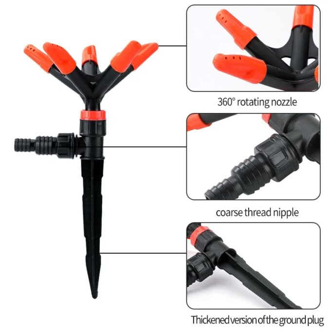 Rociador de Riego Automático Giratorio 360° de 3 Brazos – Ajustable 🌱