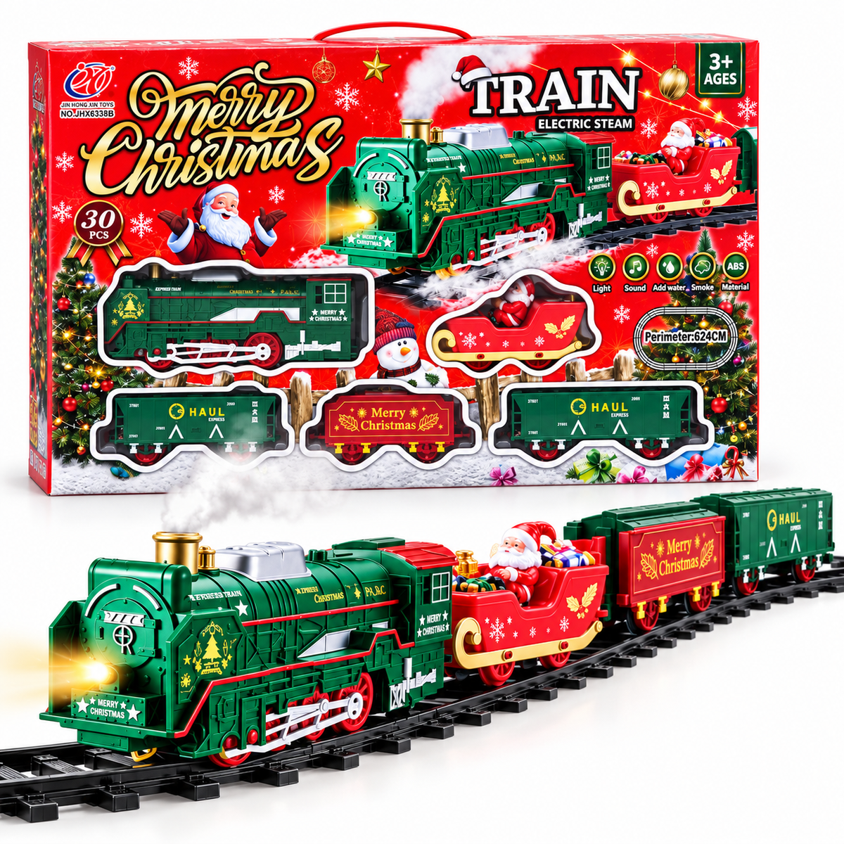 Tren Navideño Eléctrico con Vapor y Santa 🎄 Luces, Sonido y Pista 30 Piezas