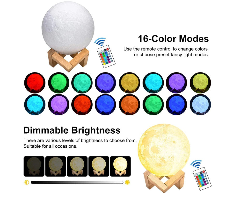 Lámpara Luna Con Control Luz Led Colores Recargable Con Base
