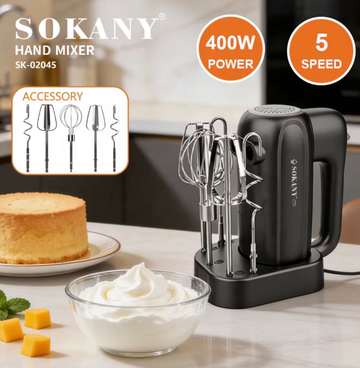 Batidora de Mano SOKANY SK-02045 3 en 1 🍰 400W con 5 Velocidades