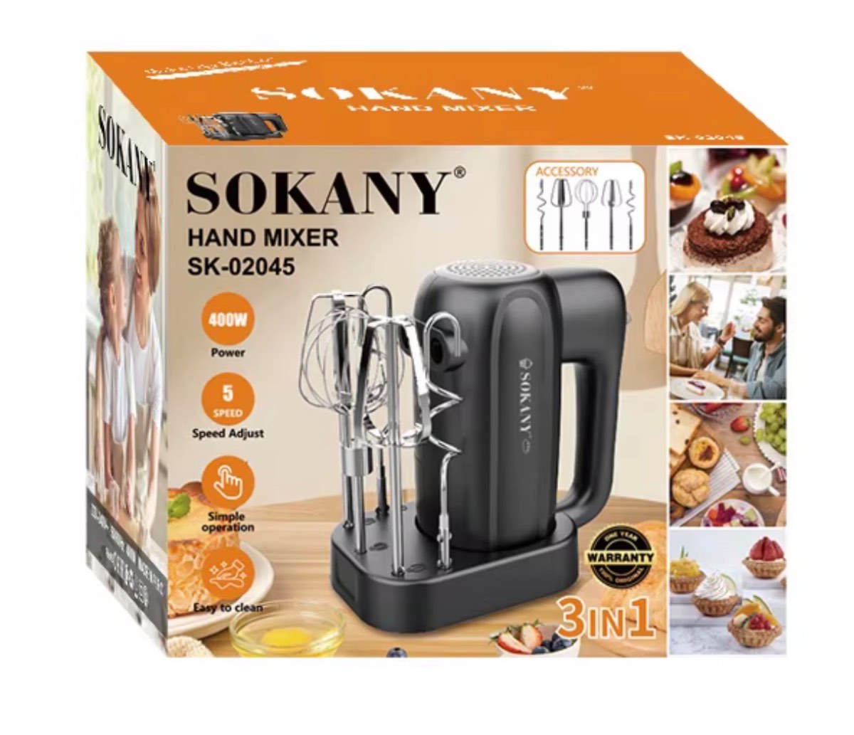 Batidora de Mano SOKANY SK-02045 3 en 1 🍰 400W con 5 Velocidades