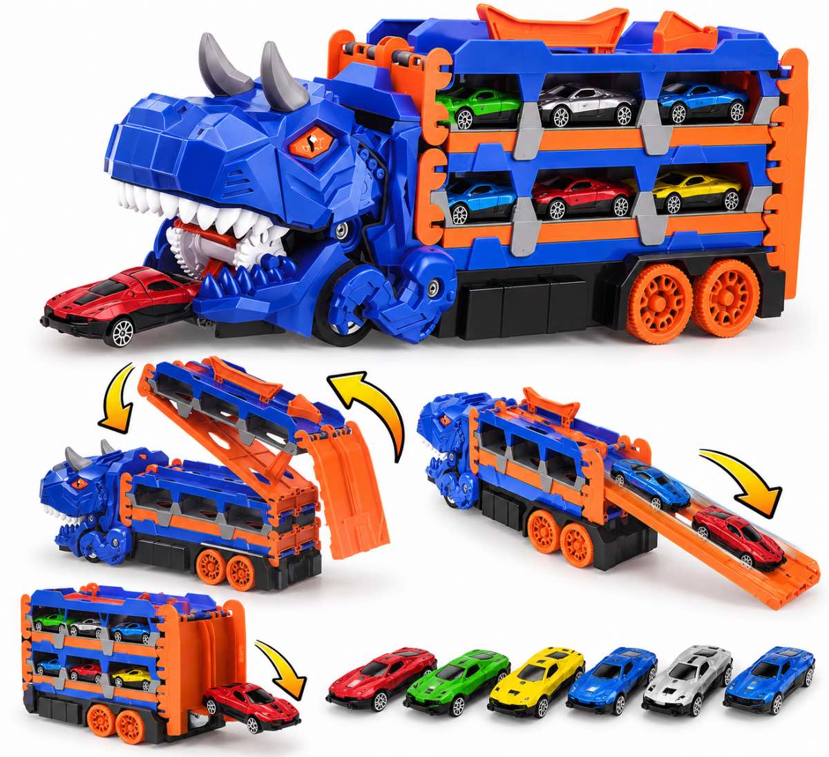 Camión Dinosaurio Transportador con 6 Carritos 🦖 Rampa Deslizable y Juego Infantil