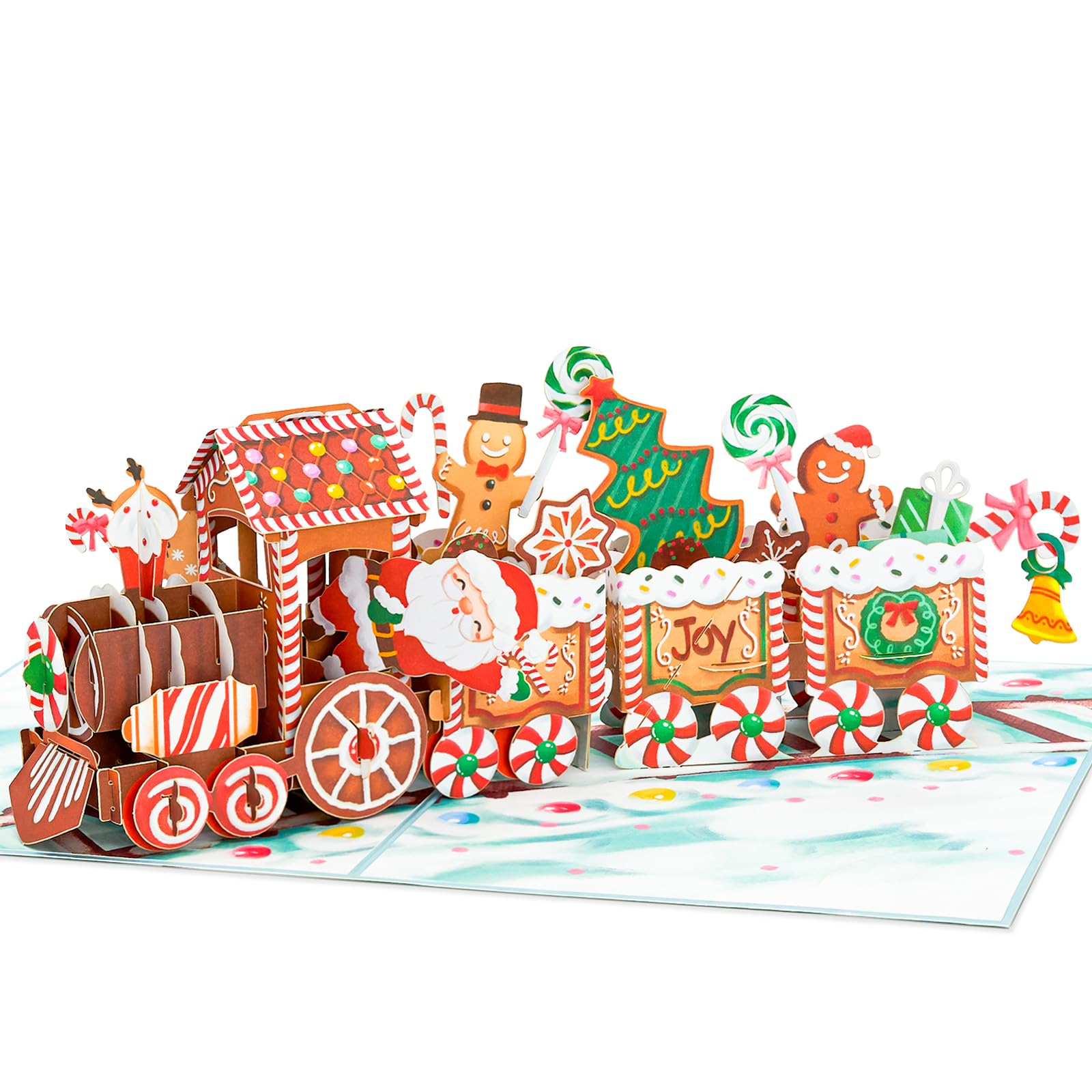 Tarjeta desplegable de tren de jengibre de Navidad, Feliz Navidad, Papá Noel, nieve, hombre de jengibre, bastón de caramelo, tarjeta de felicitación 3D, regalo para Navidad, 5 x 7 pulgadas