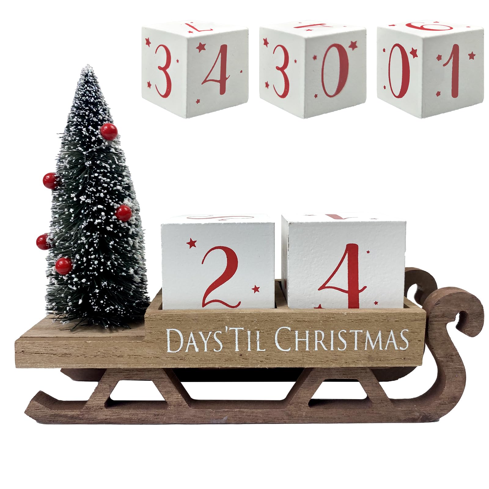 Bloques de cuenta regresiva de Navidad, calendario de Adviento de trineo de Papá Noel, decoración de árbol de Navidad, decoración rústica de madera, decoración de fiesta de Navidad para el