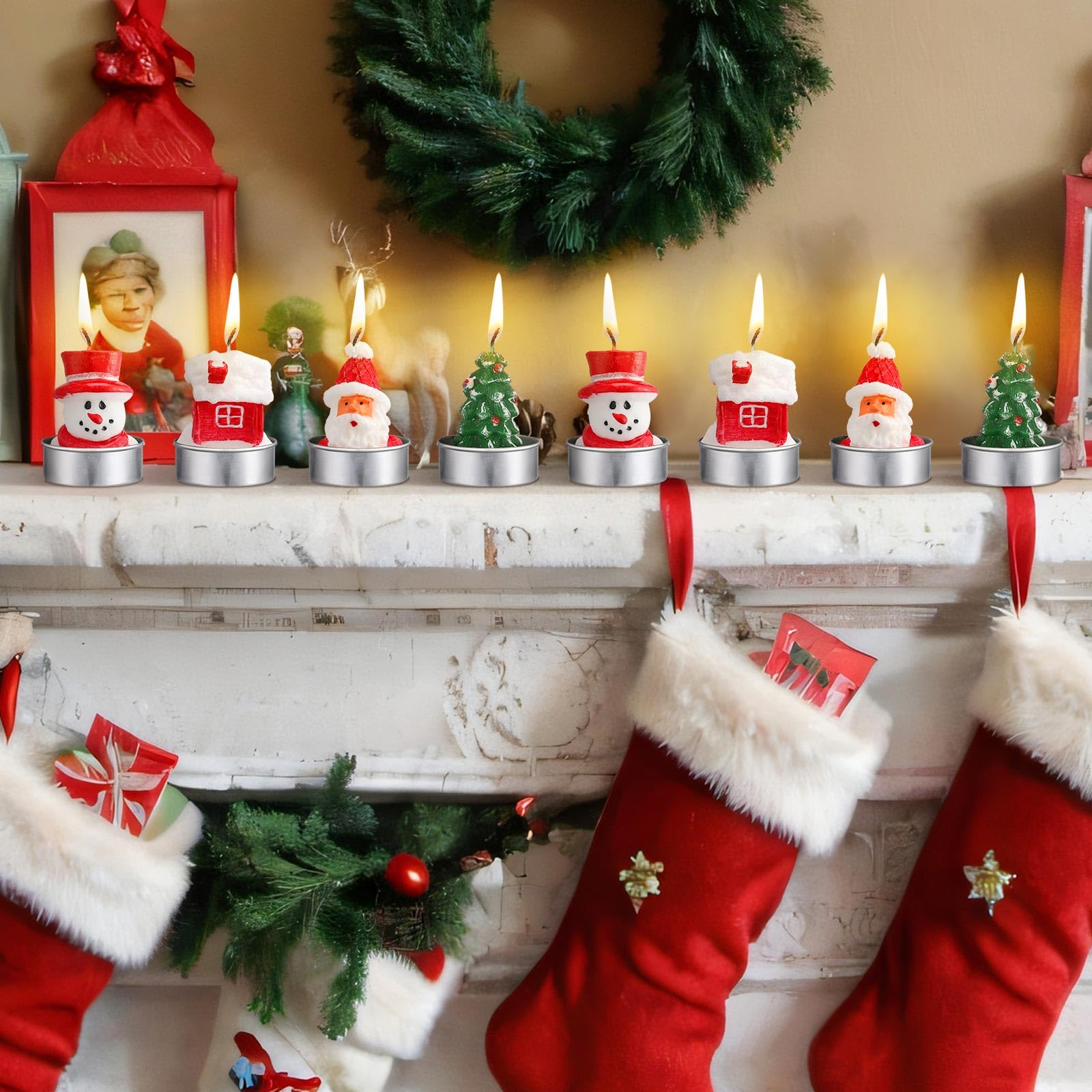 Juego de 12 velas de Navidad con forma de árbol de Navidad, pan de jengibre, hombre, vela perfumada, regalo, Navidad, decoración de mesa, centro de mesa aromático para fiestas de vacaciones