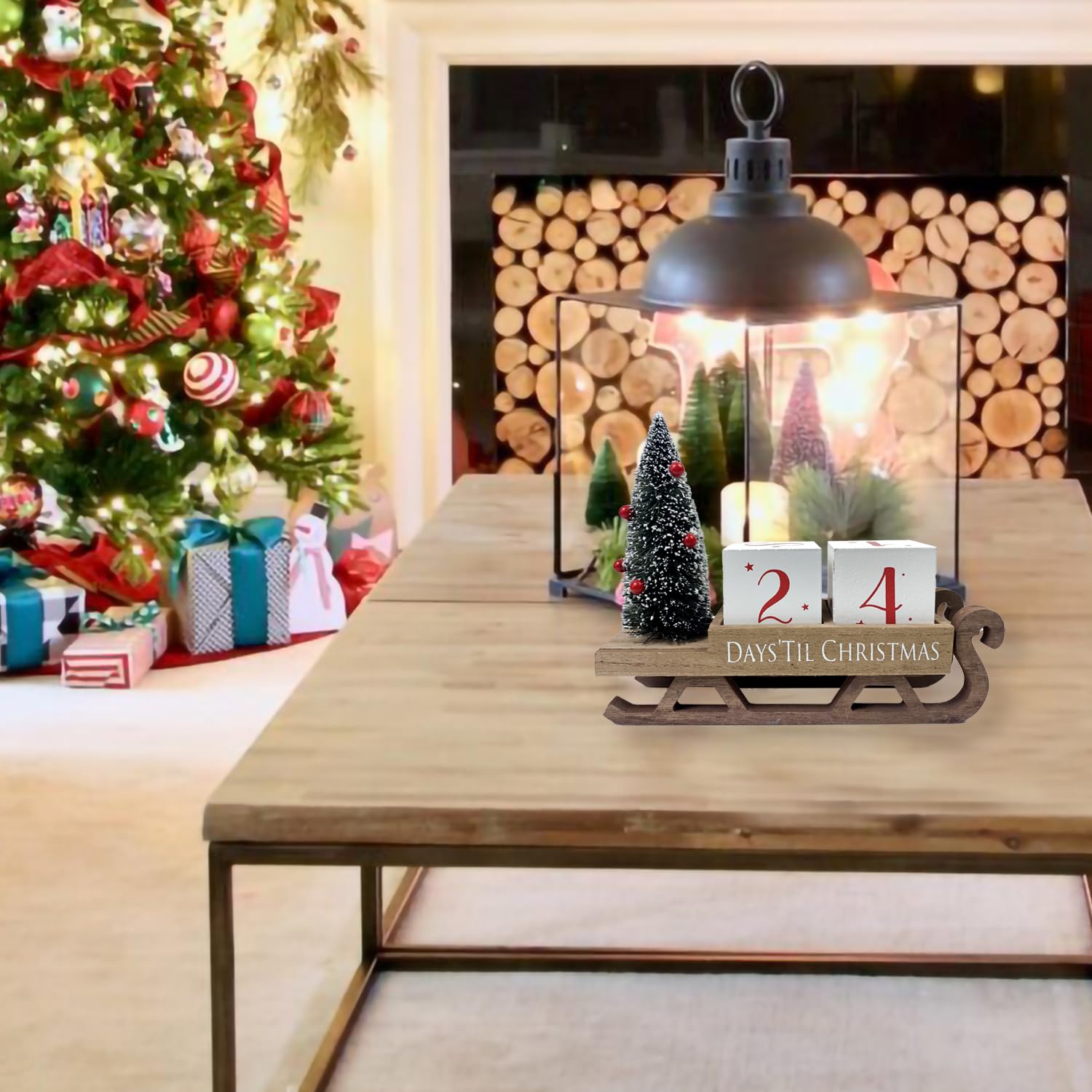 Bloques de cuenta regresiva de Navidad, calendario de Adviento de trineo de Papá Noel, decoración de árbol de Navidad, decoración rústica de madera, decoración de fiesta de Navidad para el