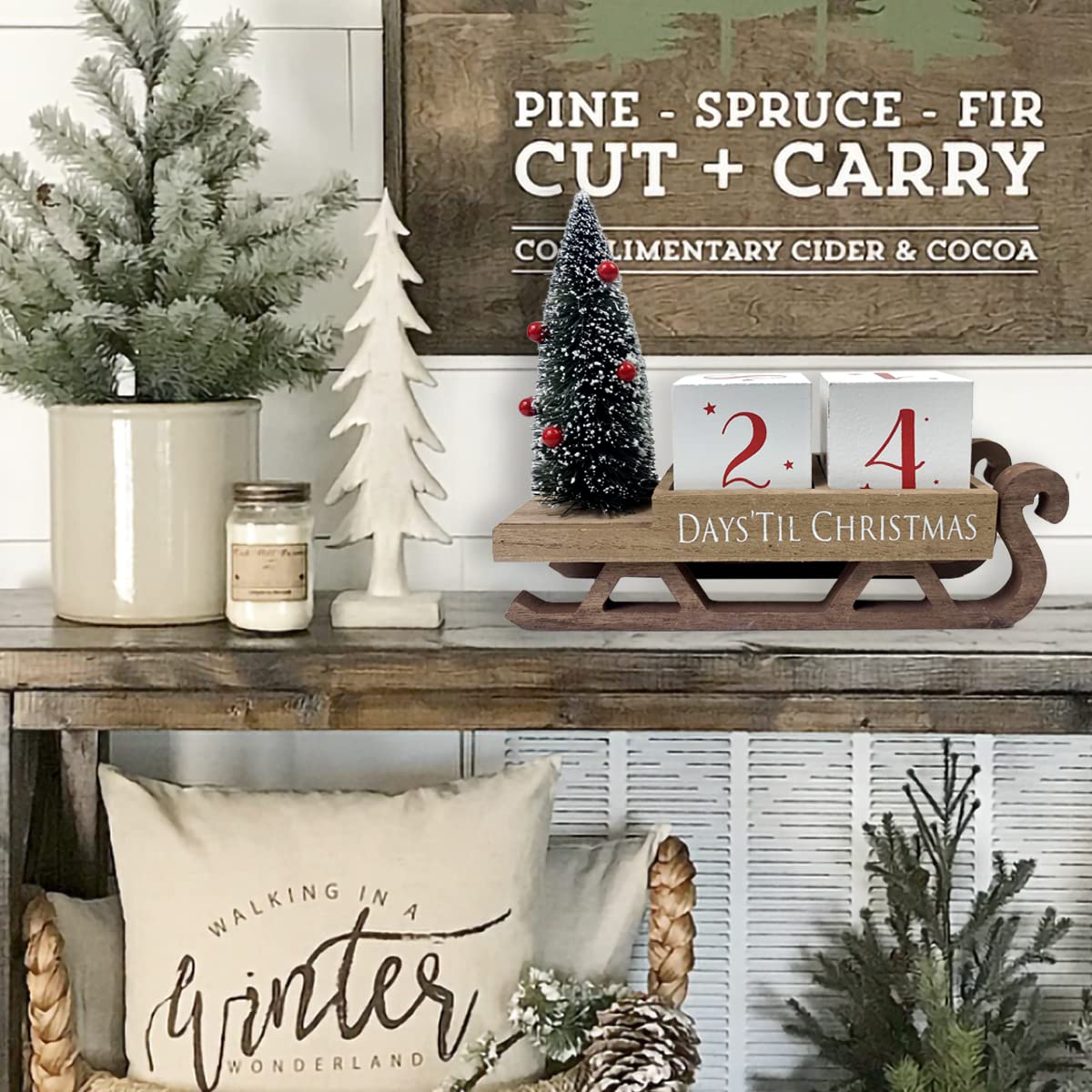 Bloques de cuenta regresiva de Navidad, calendario de Adviento de trineo de Papá Noel, decoración de árbol de Navidad, decoración rústica de madera, decoración de fiesta de Navidad para el