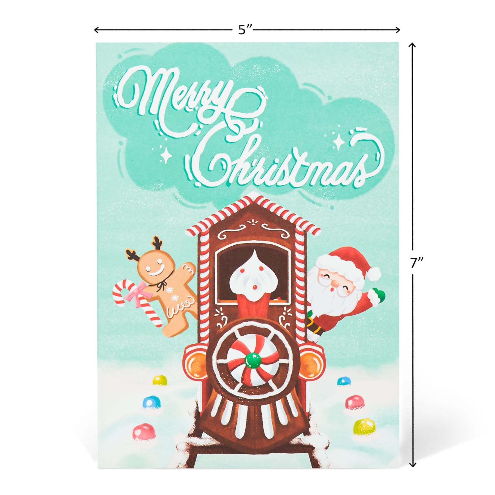 Tarjeta desplegable de tren de jengibre de Navidad, Feliz Navidad, Papá Noel, nieve, hombre de jengibre, bastón de caramelo, tarjeta de felicitación 3D, regalo para Navidad, 5 x 7 pulgadas