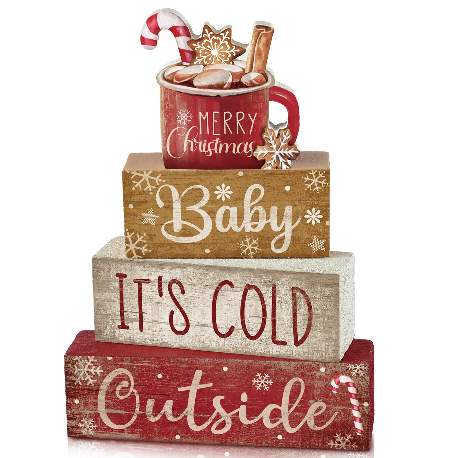 4 piezas de decoración de mesa de Navidad de madera de cacao caliente, centro de mesa de Navidad, bandeja escalonada de invierno, decoración decorativa de bloque de cacao rojo vivo, regalo