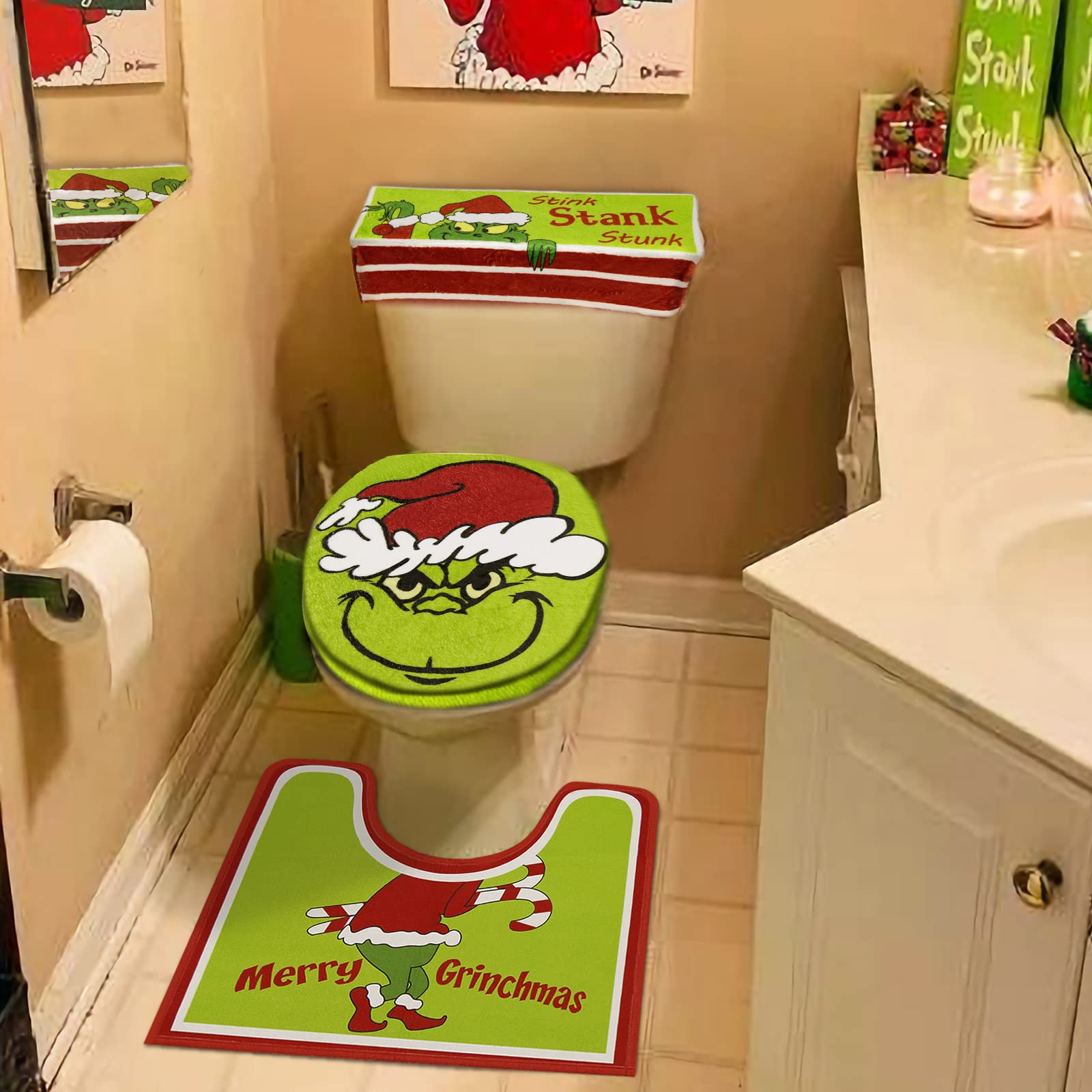 Paquete de 4 decoraciones de baño – Decoración navideña para tapa de inodoro, cubierta de tanque, alfombra en forma de U y almohadilla de asiento para el hogar