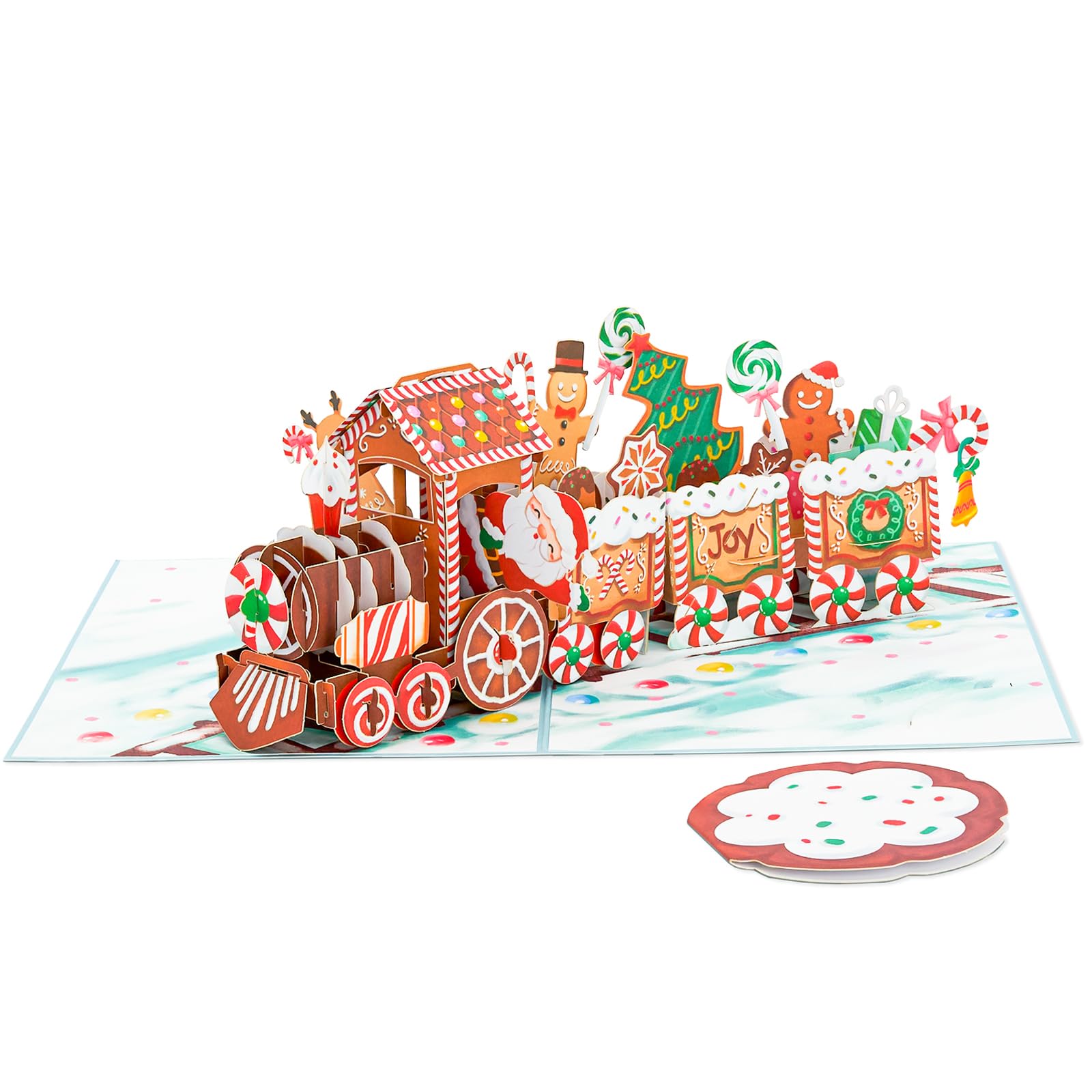 Tarjeta desplegable de tren de jengibre de Navidad, Feliz Navidad, Papá Noel, nieve, hombre de jengibre, bastón de caramelo, tarjeta de felicitación 3D, regalo para Navidad, 5 x 7 pulgadas