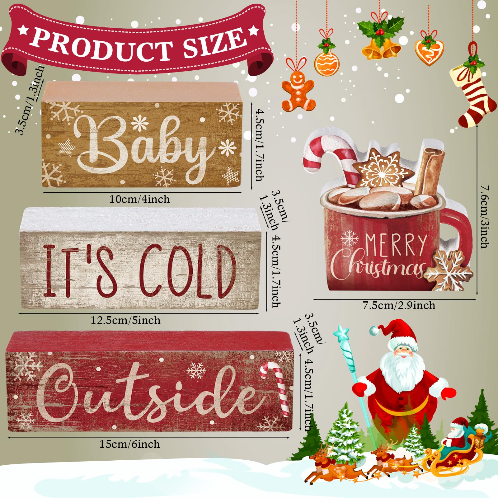 4 piezas de decoración de mesa de Navidad de madera de cacao caliente, centro de mesa de Navidad, bandeja escalonada de invierno, decoración decorativa de bloque de cacao rojo vivo, regalo