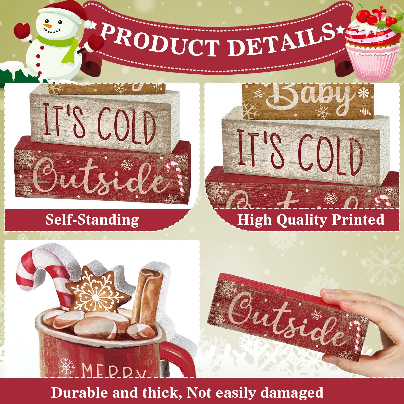 4 piezas de decoración de mesa de Navidad de madera de cacao caliente, centro de mesa de Navidad, bandeja escalonada de invierno, decoración decorativa de bloque de cacao rojo vivo, regalo