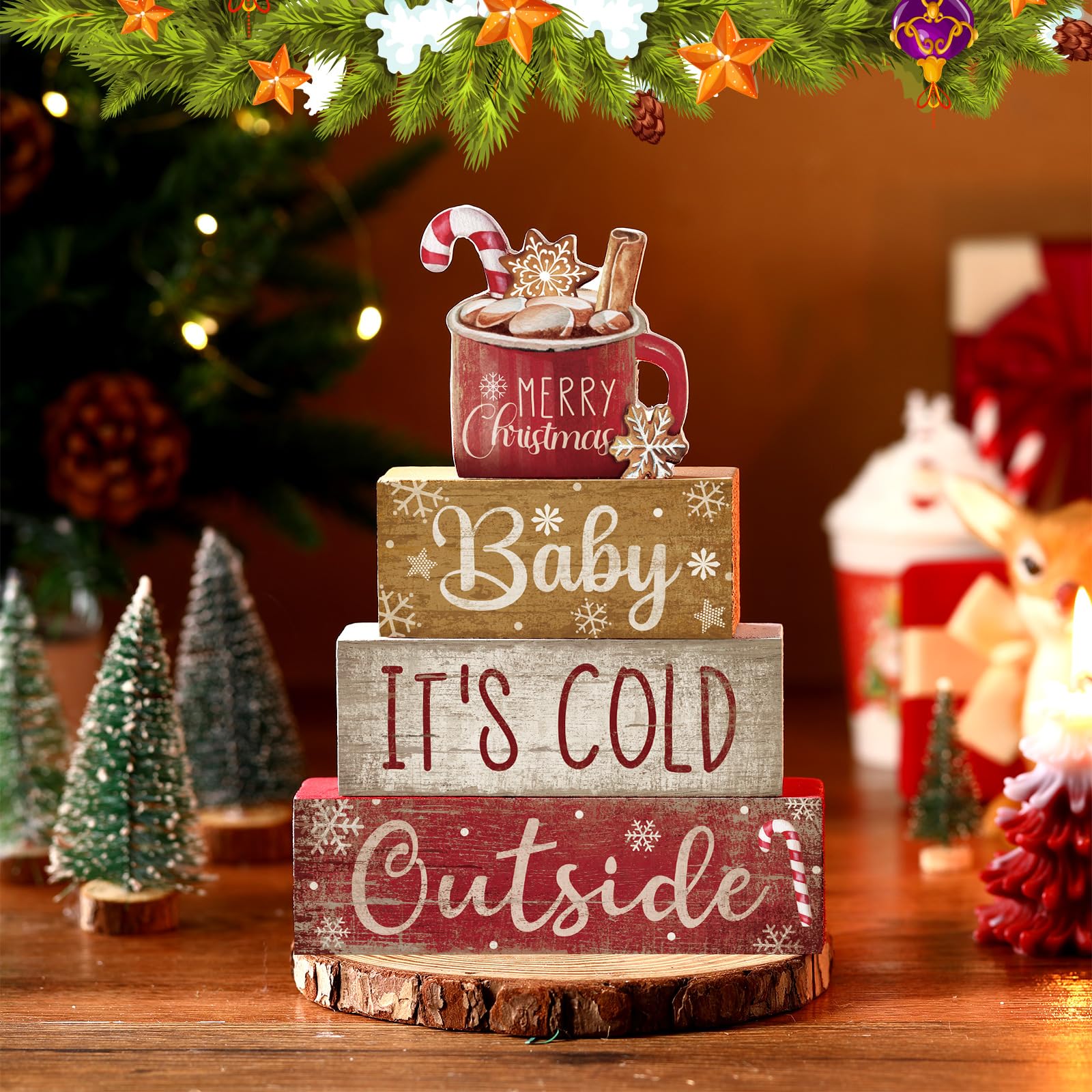 4 piezas de decoración de mesa de Navidad de madera de cacao caliente, centro de mesa de Navidad, bandeja escalonada de invierno, decoración decorativa de bloque de cacao rojo vivo, regalo