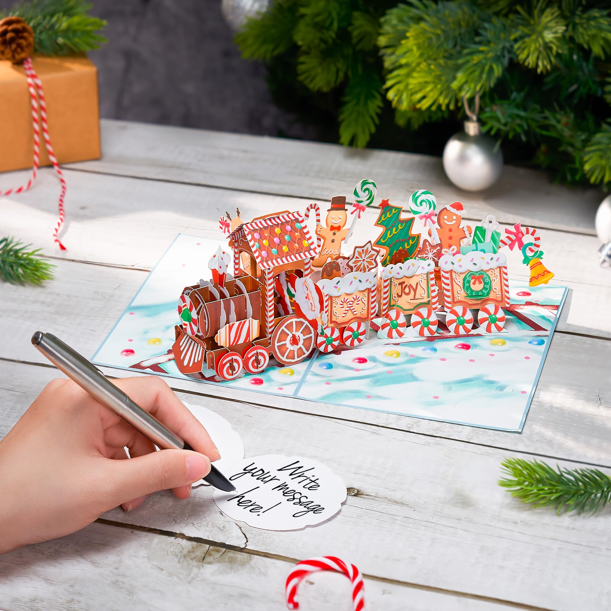 Tarjeta desplegable de tren de jengibre de Navidad, Feliz Navidad, Papá Noel, nieve, hombre de jengibre, bastón de caramelo, tarjeta de felicitación 3D, regalo para Navidad, 5 x 7 pulgadas