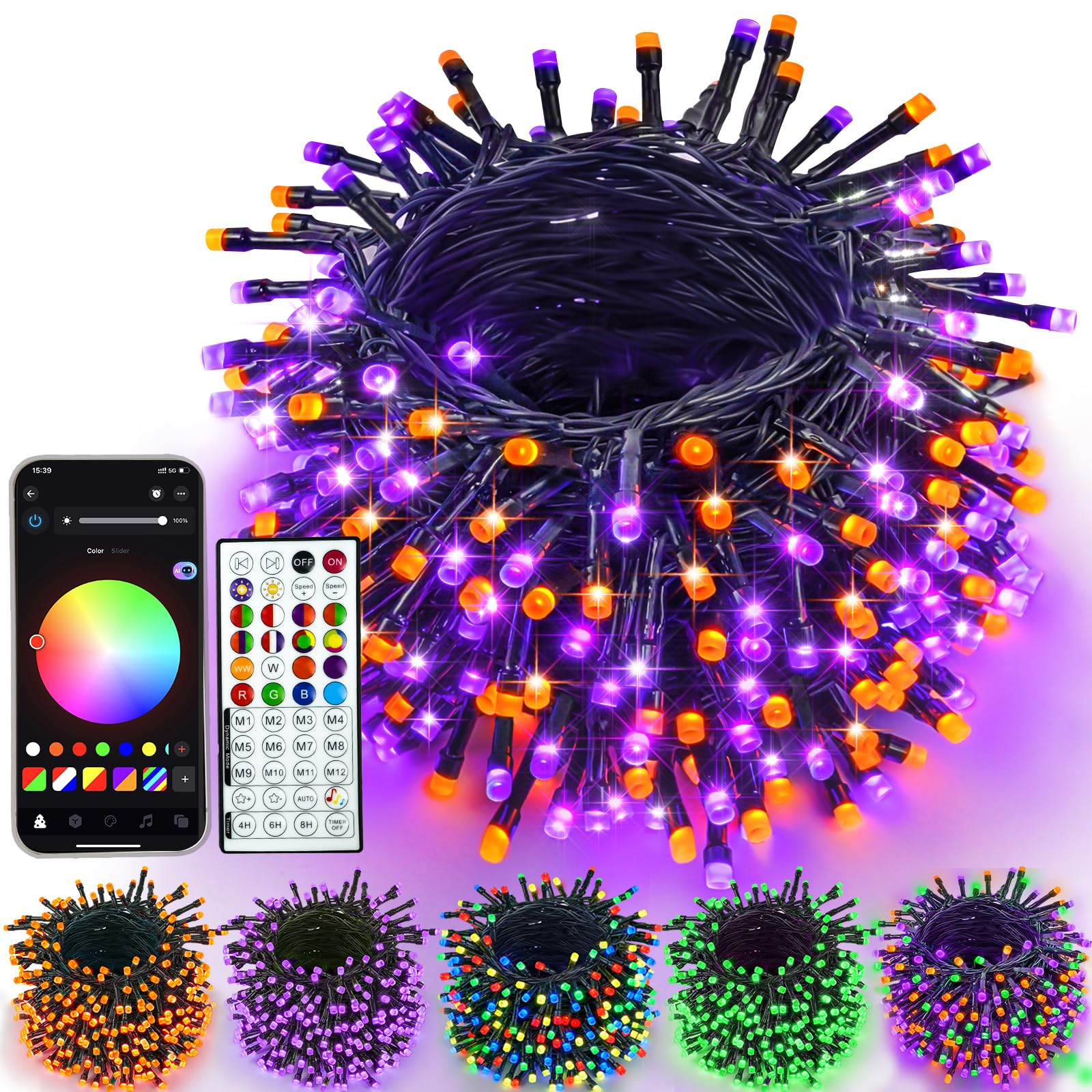 YIQU Cadena de luces de Halloween inteligentes de 66 pies que cambian de color, 200 LED RGB, luz parpadeante, aplicación y control remoto, sincronización de música, múltiples modos, temporizador