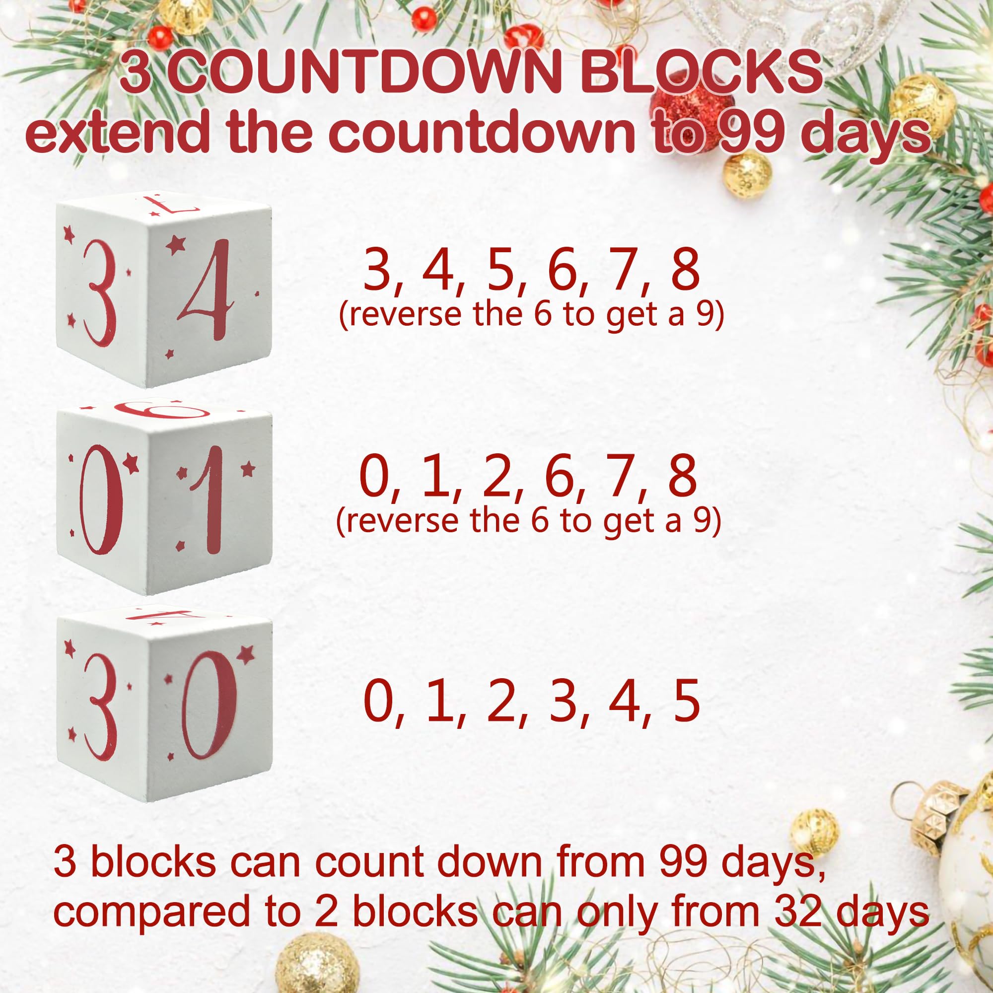 Bloques de cuenta regresiva de Navidad, calendario de Adviento de trineo de Papá Noel, decoración de árbol de Navidad, decoración rústica de madera, decoración de fiesta de Navidad para el