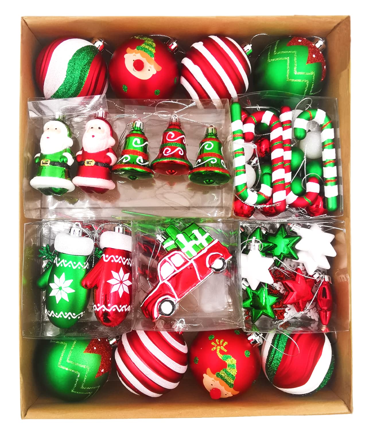 Juego de adornos de bolas de Navidad, 64 unidades, colección alegre rojo, verde y blanco, esplendor, adornos navideños surtidos inastillables para vacaciones, fiestas, bodas, decoración de árbol de