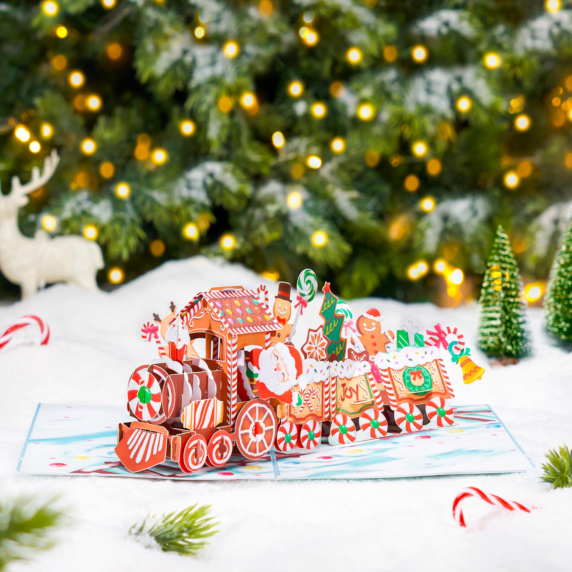 Tarjeta desplegable de tren de jengibre de Navidad, Feliz Navidad, Papá Noel, nieve, hombre de jengibre, bastón de caramelo, tarjeta de felicitación 3D, regalo para Navidad, 5 x 7 pulgadas