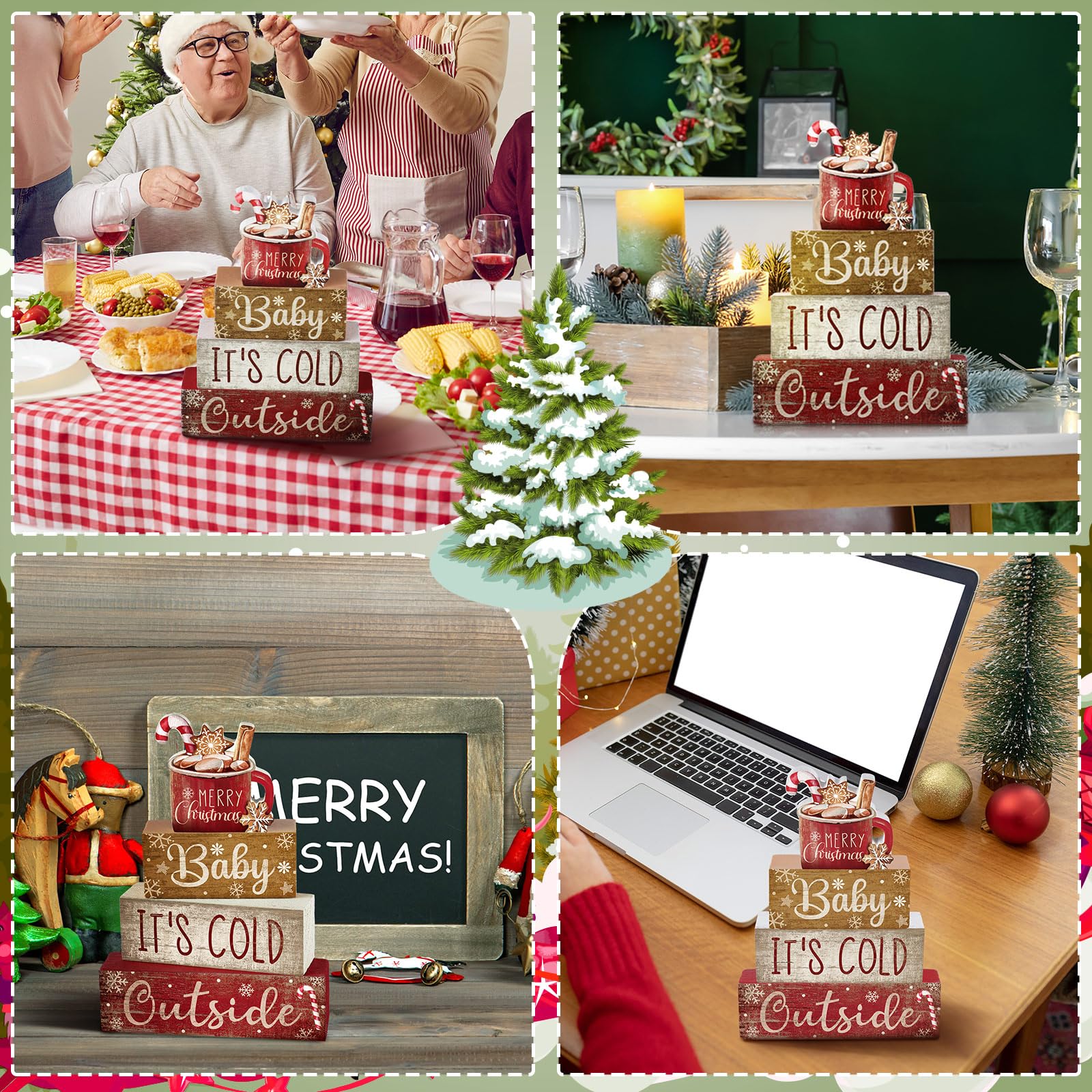 4 piezas de decoración de mesa de Navidad de madera de cacao caliente, centro de mesa de Navidad, bandeja escalonada de invierno, decoración decorativa de bloque de cacao rojo vivo, regalo