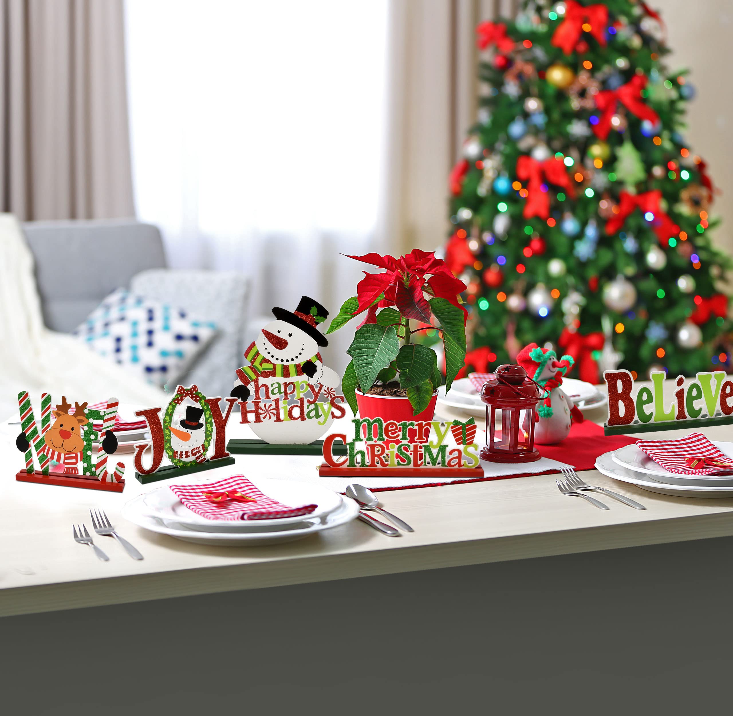 Gift Boutique 6 letreros de mesa de Navidad, centro de mesa de madera, muñeco de nieve, decoración de escritorio de madera para cocina, hogar, suministros de fiesta de Navidad