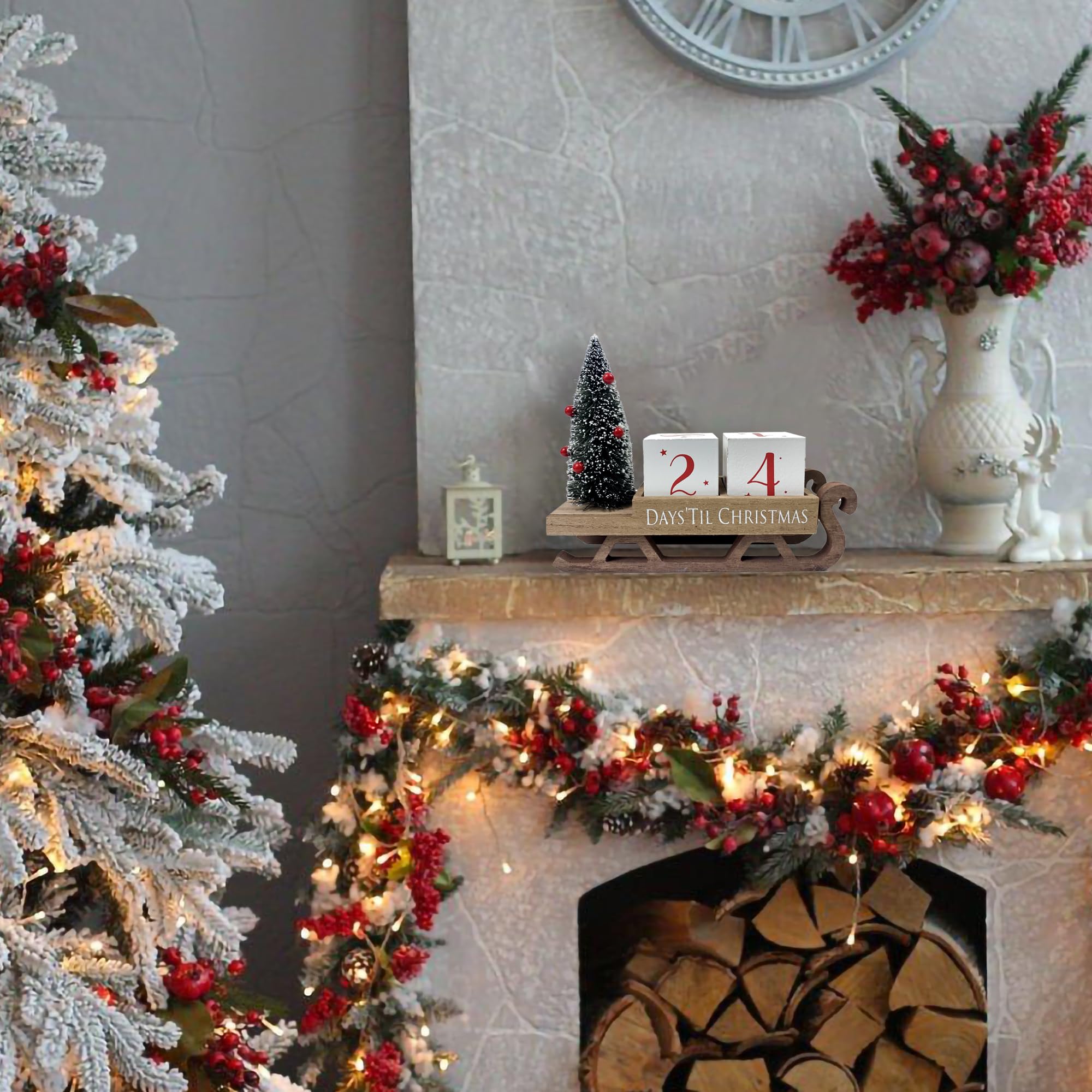 Bloques de cuenta regresiva de Navidad, calendario de Adviento de trineo de Papá Noel, decoración de árbol de Navidad, decoración rústica de madera, decoración de fiesta de Navidad para el