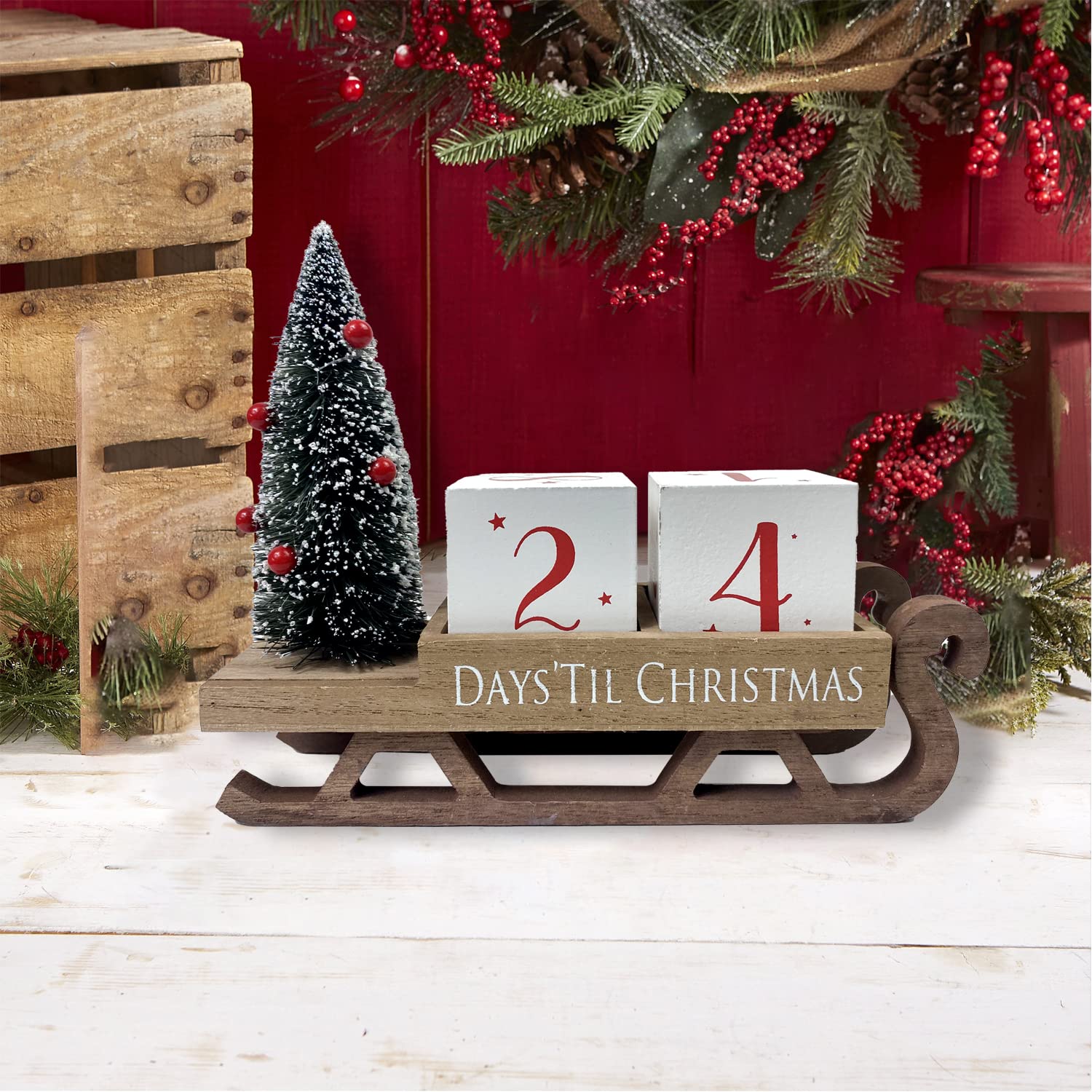 Bloques de cuenta regresiva de Navidad, calendario de Adviento de trineo de Papá Noel, decoración de árbol de Navidad, decoración rústica de madera, decoración de fiesta de Navidad para el