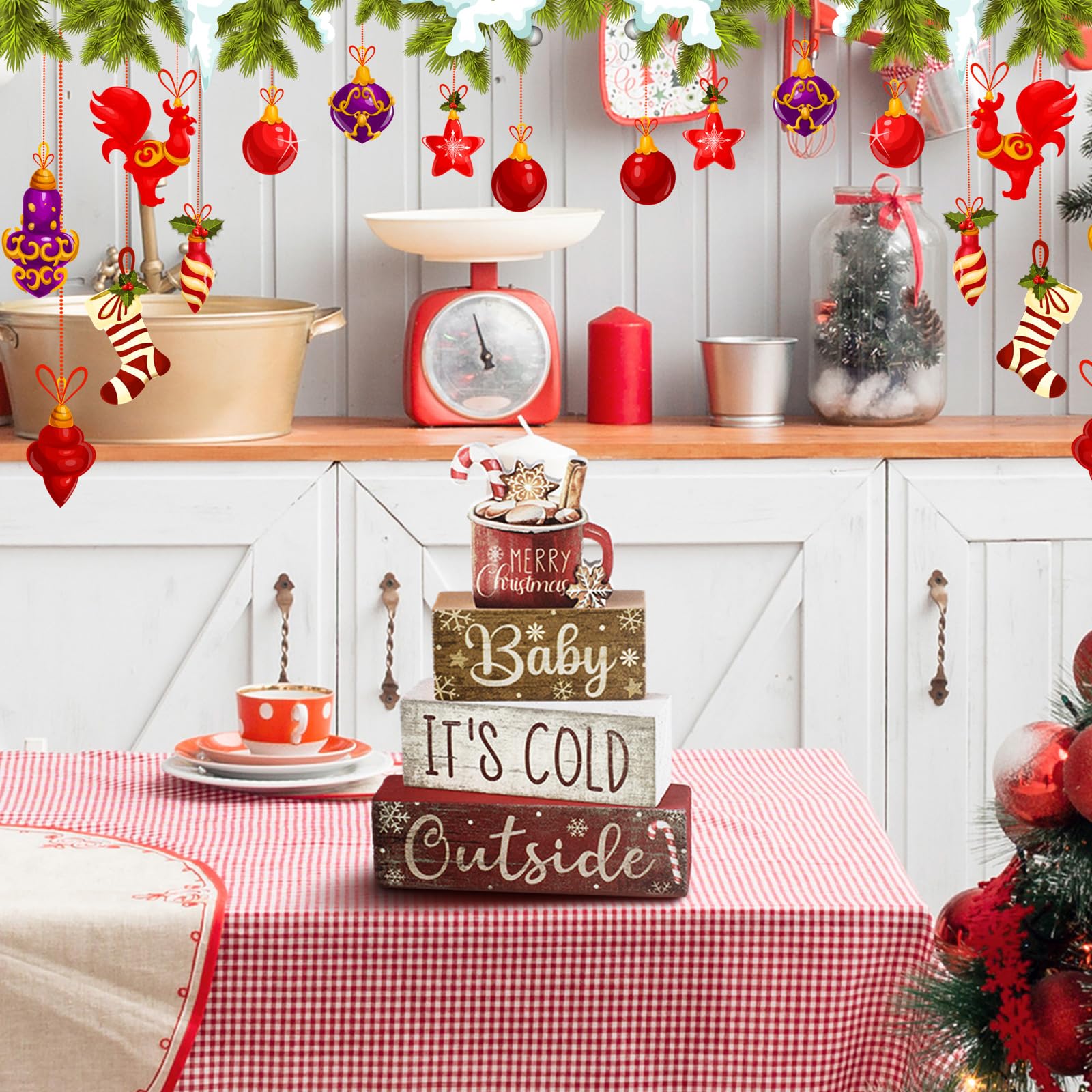 4 piezas de decoración de mesa de Navidad de madera de cacao caliente, centro de mesa de Navidad, bandeja escalonada de invierno, decoración decorativa de bloque de cacao rojo vivo, regalo