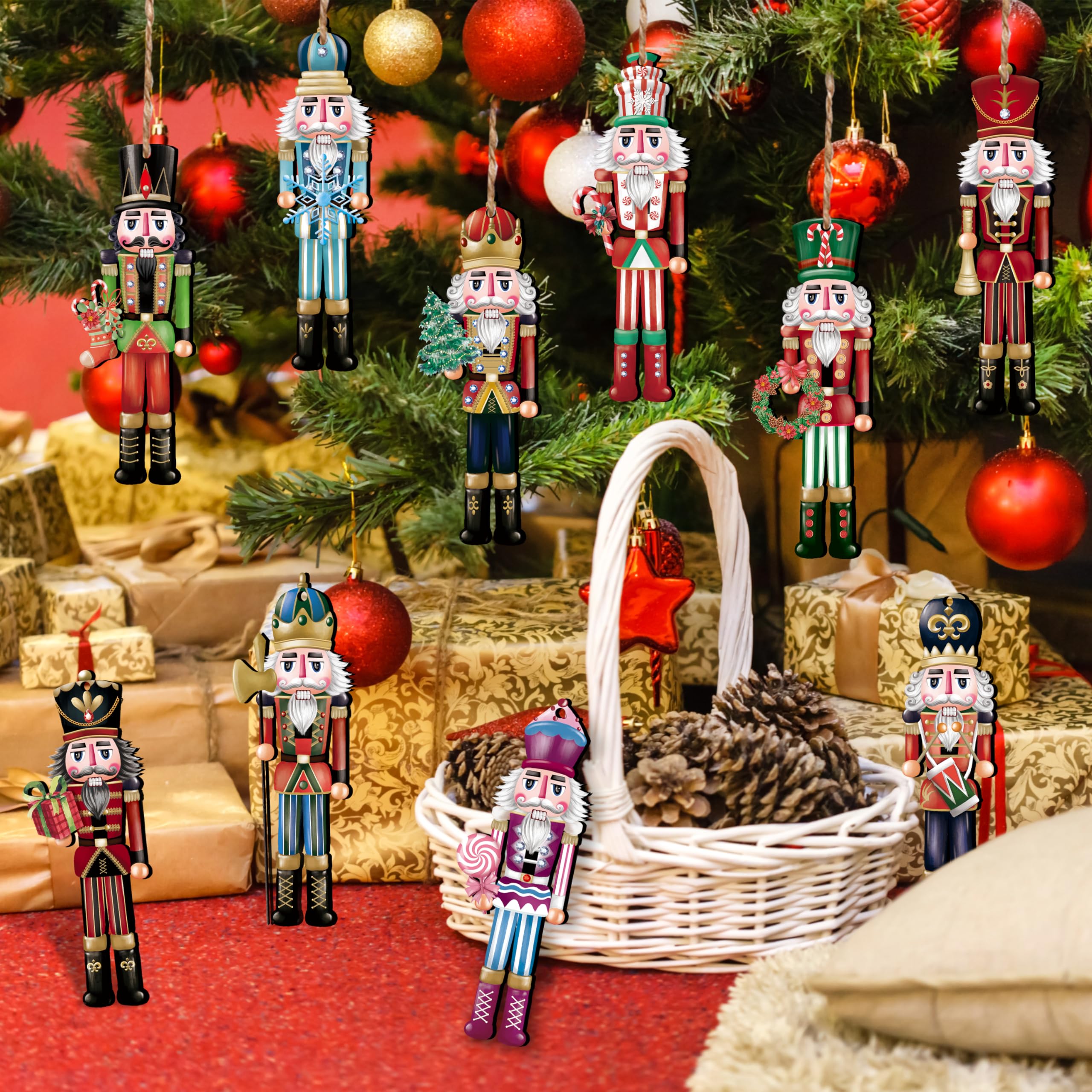 Juego de 24 adornos de madera de cascanueces de Navidad, juego de decoración colgante de madera para colgar en el árbol de Navidad, manualidades de madera, decoración de vacaciones, suministros