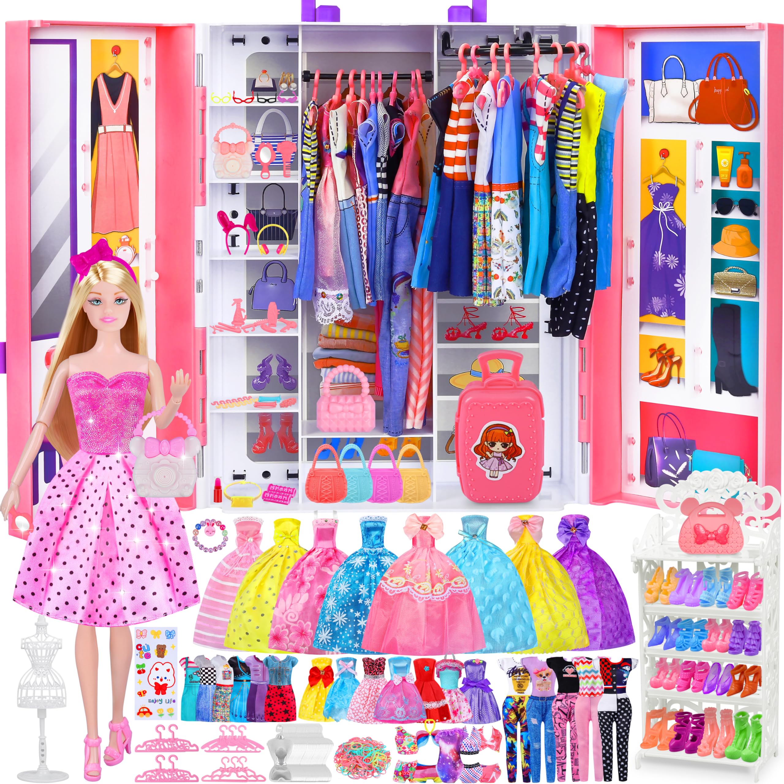 Juego de armario con 342 piezas de ropa y accesorios, vestidos de princesa, tops, pantalones, trajes de baño, armario, zapatos, perchas y otros accesorios, juguetes de vestir para niñas pequeñas