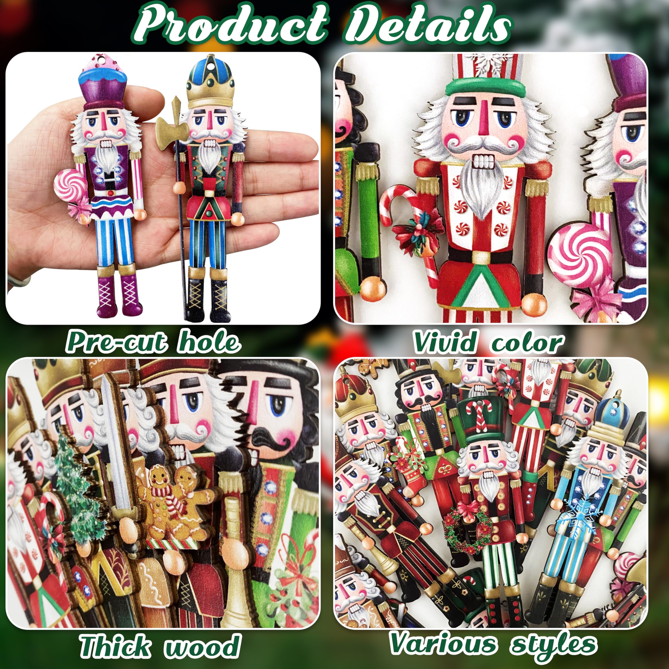 Juego de 24 adornos de madera de cascanueces de Navidad, juego de decoración colgante de madera para colgar en el árbol de Navidad, manualidades de madera, decoración de vacaciones, suministros