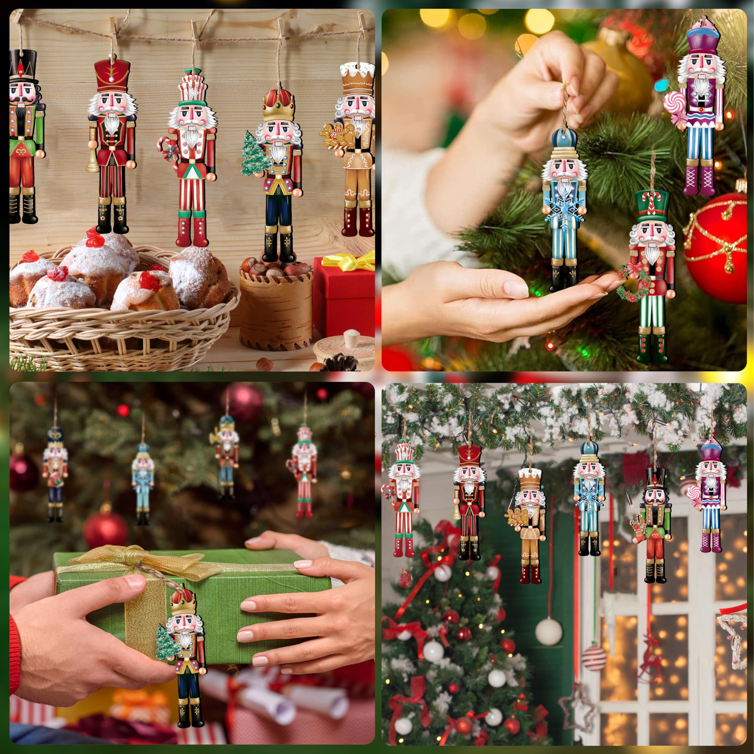 Juego de 24 adornos de madera de cascanueces de Navidad, juego de decoración colgante de madera para colgar en el árbol de Navidad, manualidades de madera, decoración de vacaciones, suministros