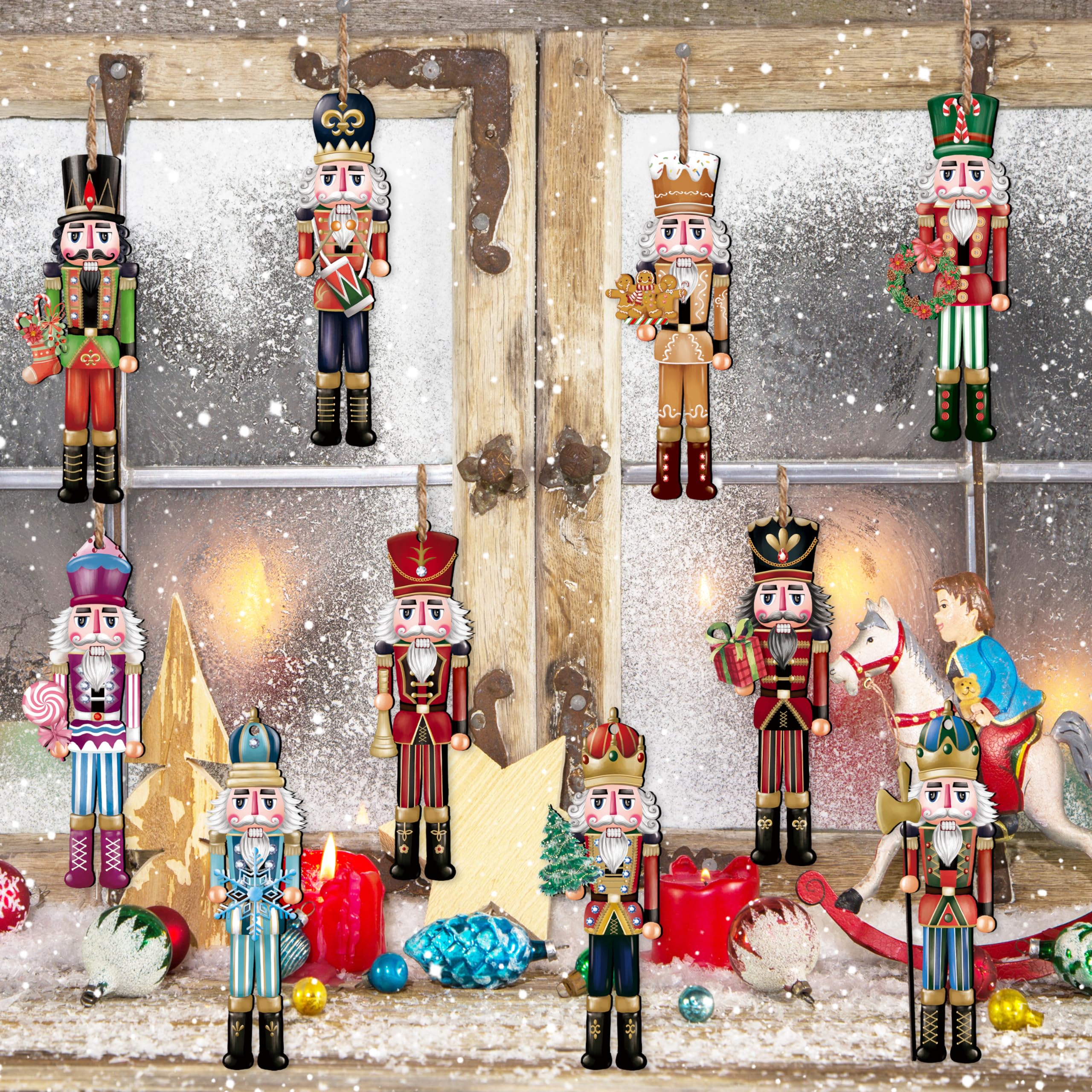 Juego de 24 adornos de madera de cascanueces de Navidad, juego de decoración colgante de madera para colgar en el árbol de Navidad, manualidades de madera, decoración de vacaciones, suministros