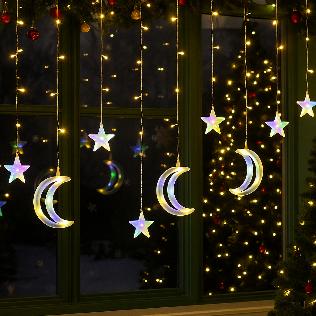 Cortina de Luces LED Navideñas 🌙✨ Estrellas y Lunas – Decoración para Ventanas o Pared