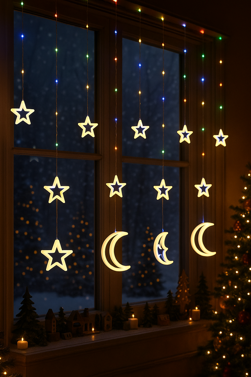 Cortina de Luces LED Navideñas 🌙✨ Estrellas y Lunas – Decoración para Ventanas o Pared