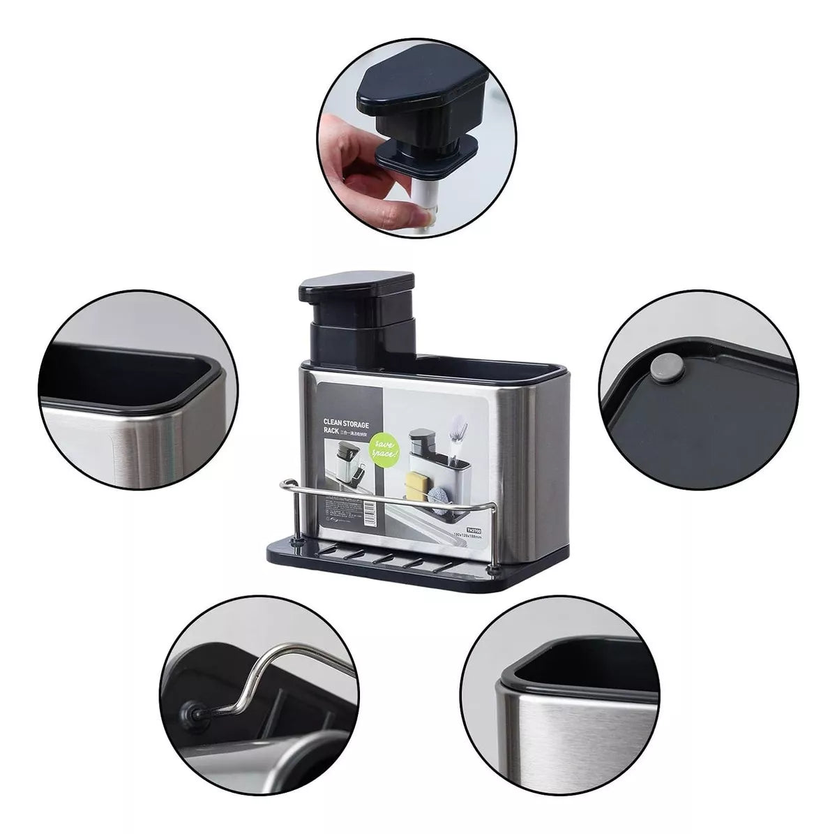 (1)Dispensador de jabón de cocina 3 en 1, soporte de esponja, dispensador de jabón para platos, bandeja organizadora de fregadero de acero inoxidable, escurridor a prueba de herrumbre