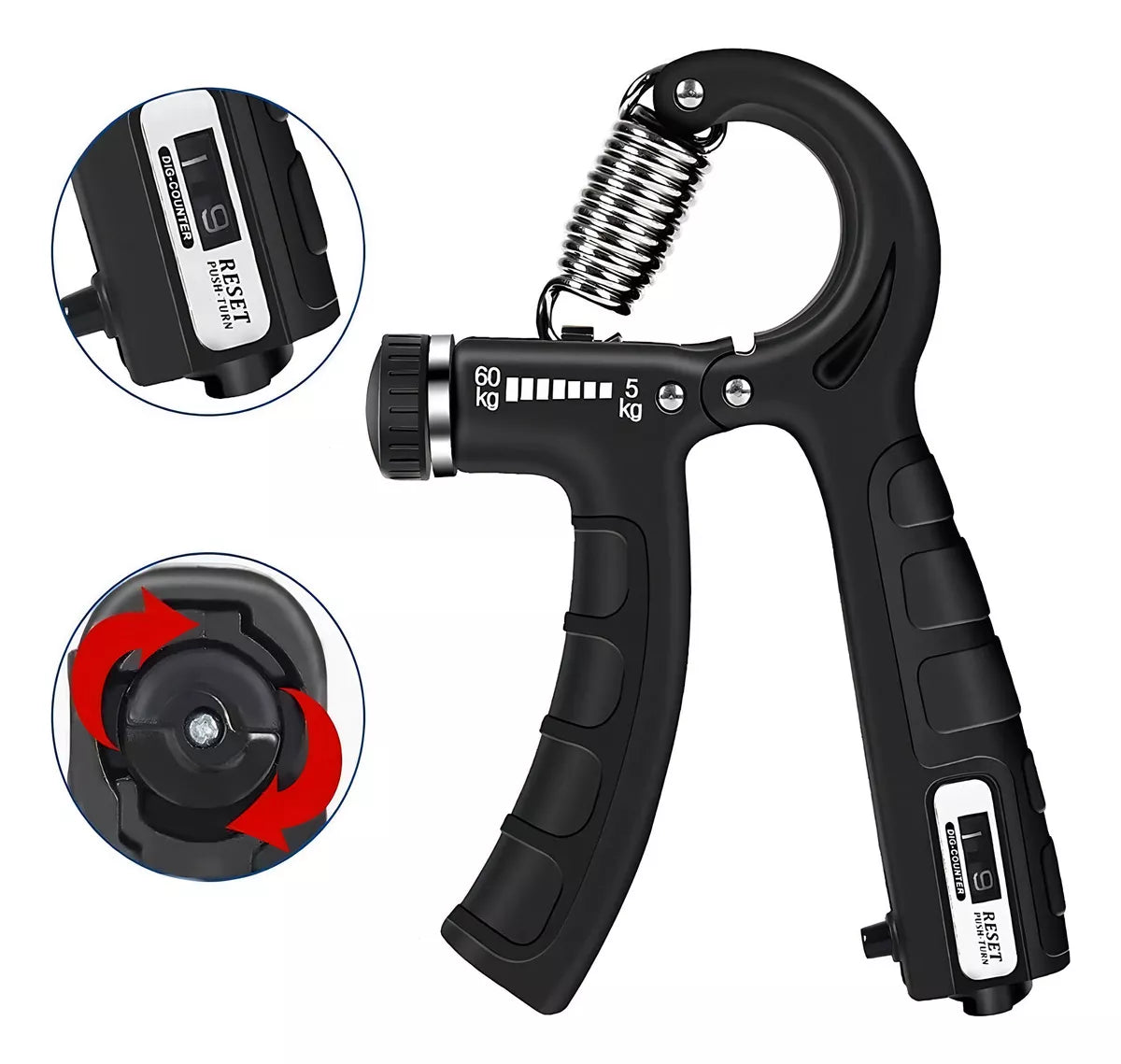 Tensor Hand Grip 60 Kg Contador Fortalece Mano Terapia Brazo Color Negro